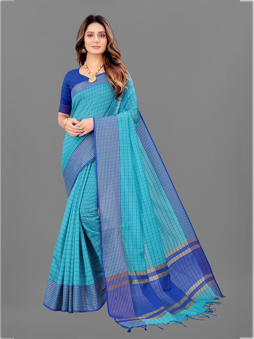 

KALINI Blue & Gold-Toned Checked Zari Saree
