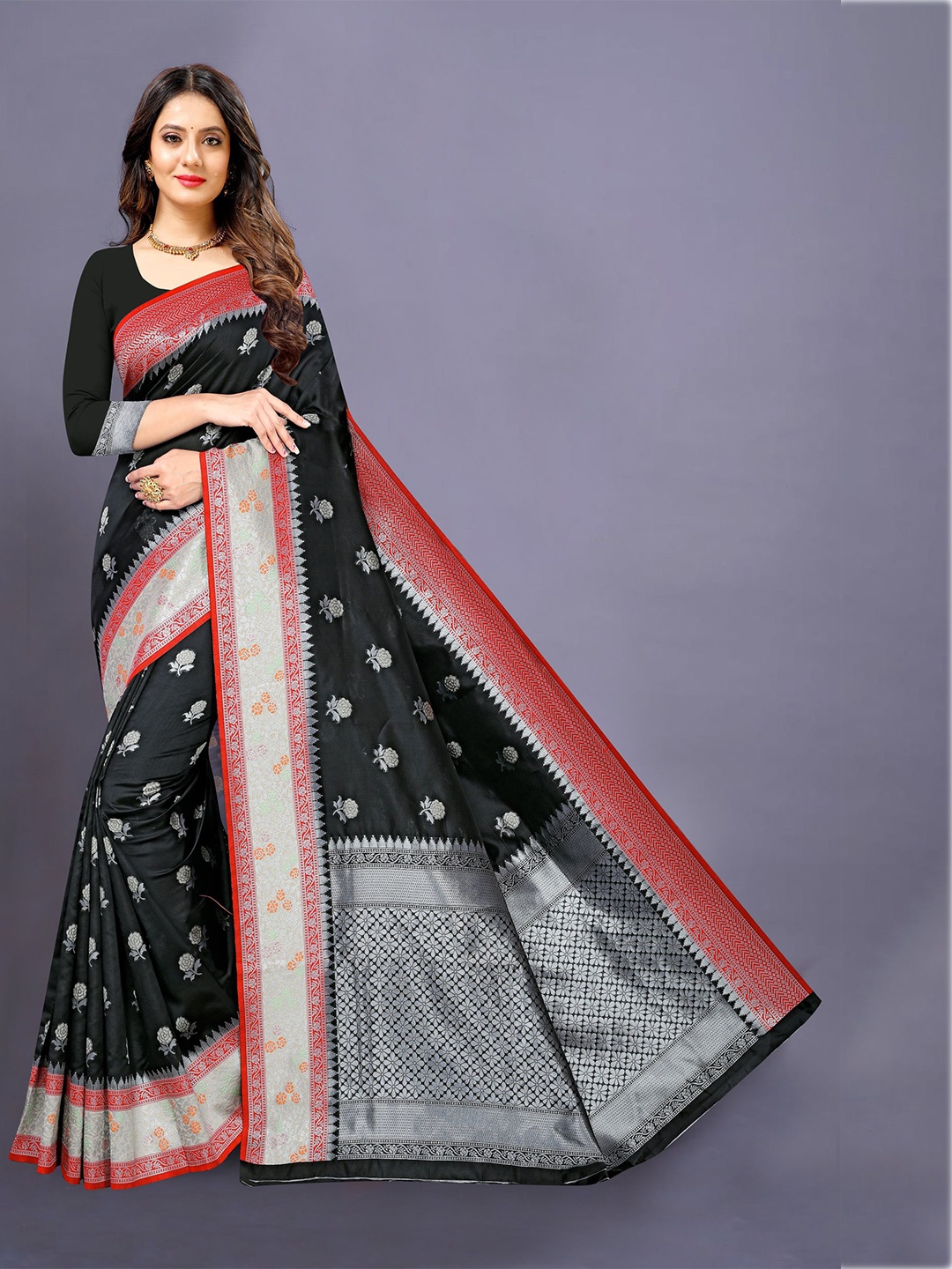 

KALINI Black & Red Woven Design Zari Silk Cotton Saree