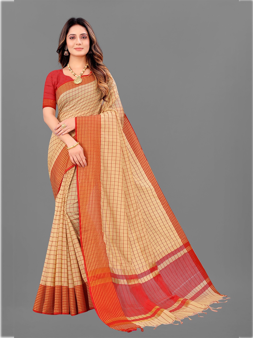 

KALINI Beige & Red Checked Saree