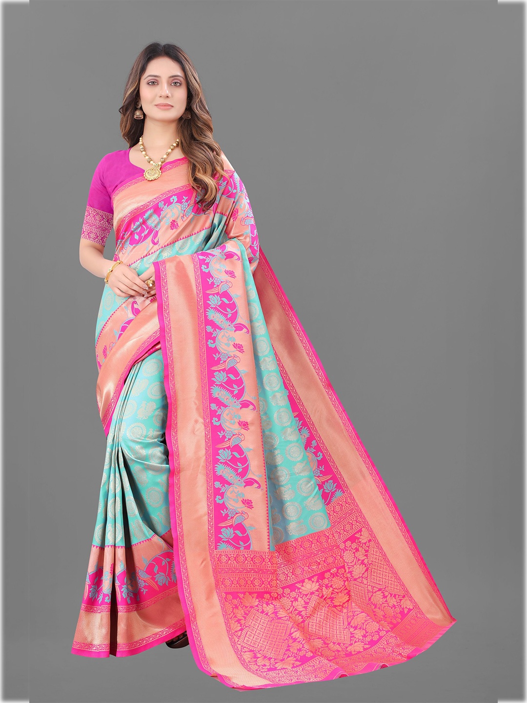 

KALINI Pink & Green Woven Design Silk Cotton Saree