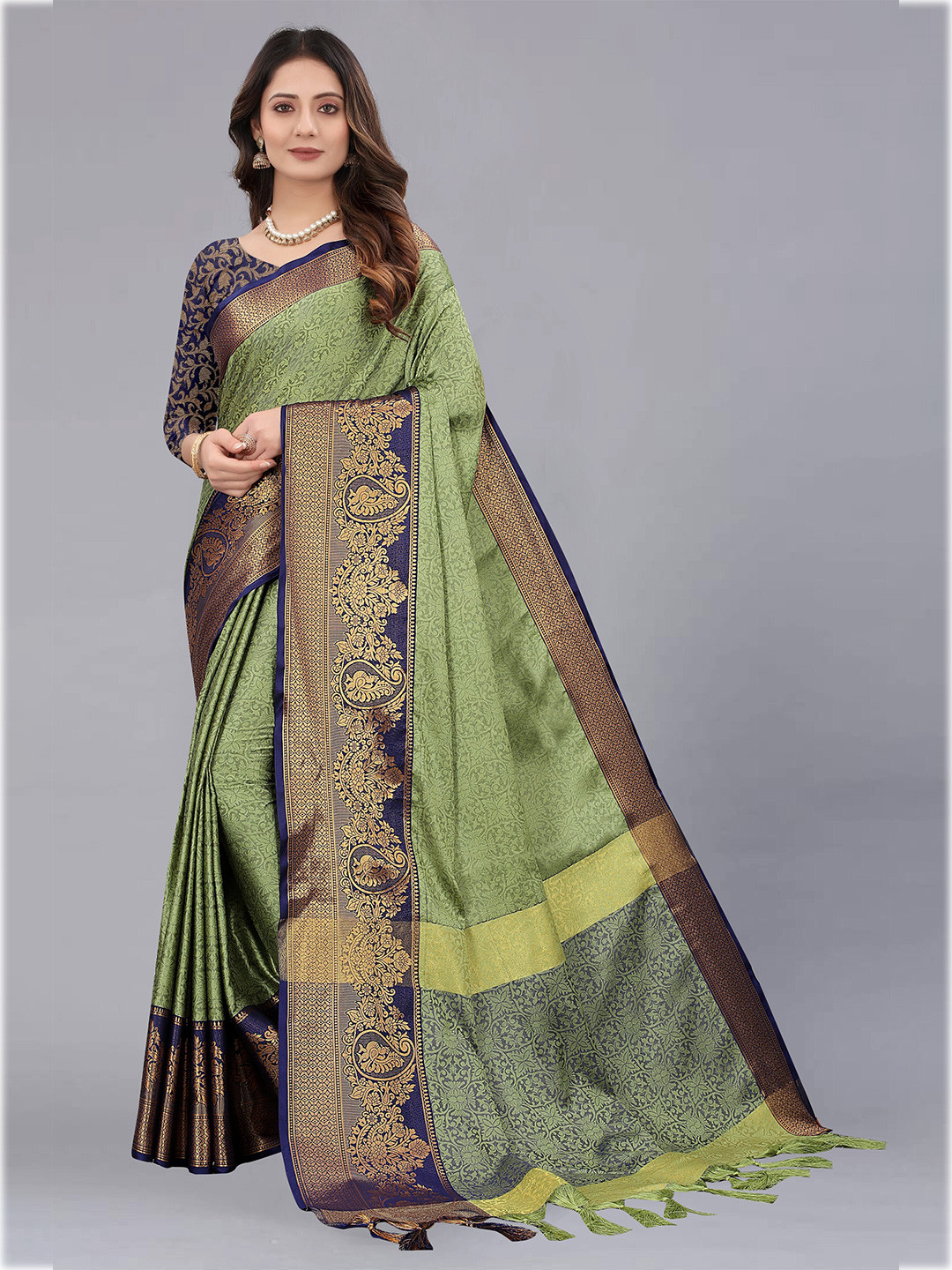 

KALINI Green & Blue Woven Design Zari Silk Cotton Saree