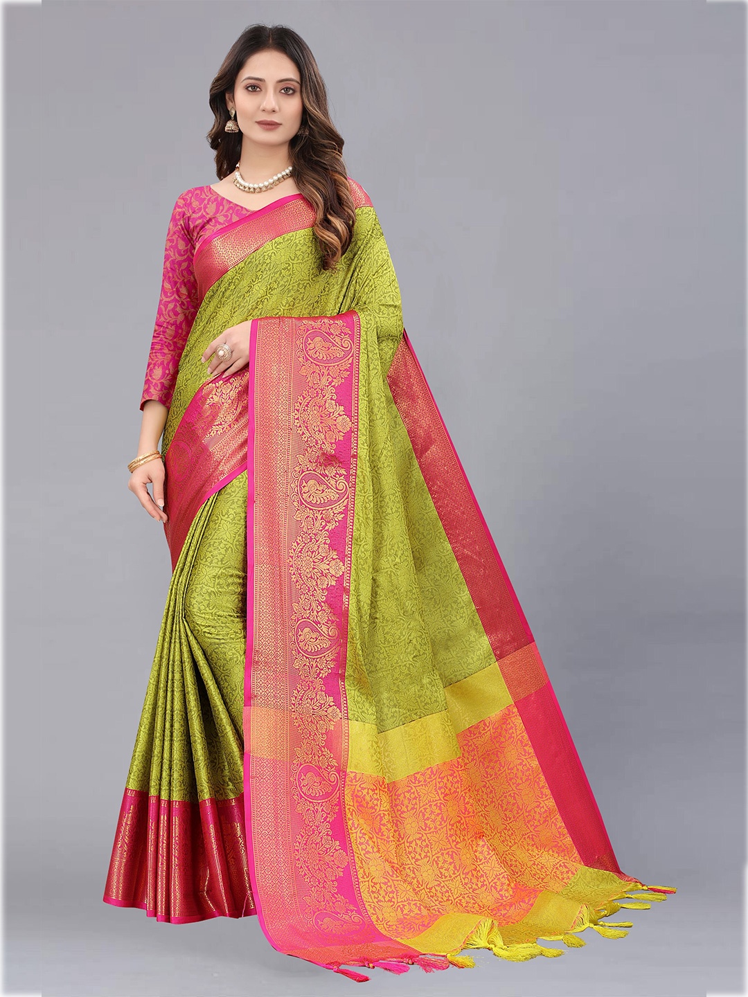 

KALINI Green & Pink Woven Design Silk Cotton Saree