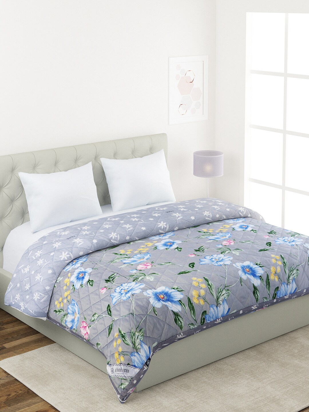 

A Homes Grace Grey & Green Floral Reversible AC Room 120 GSM Double Bed Comforter