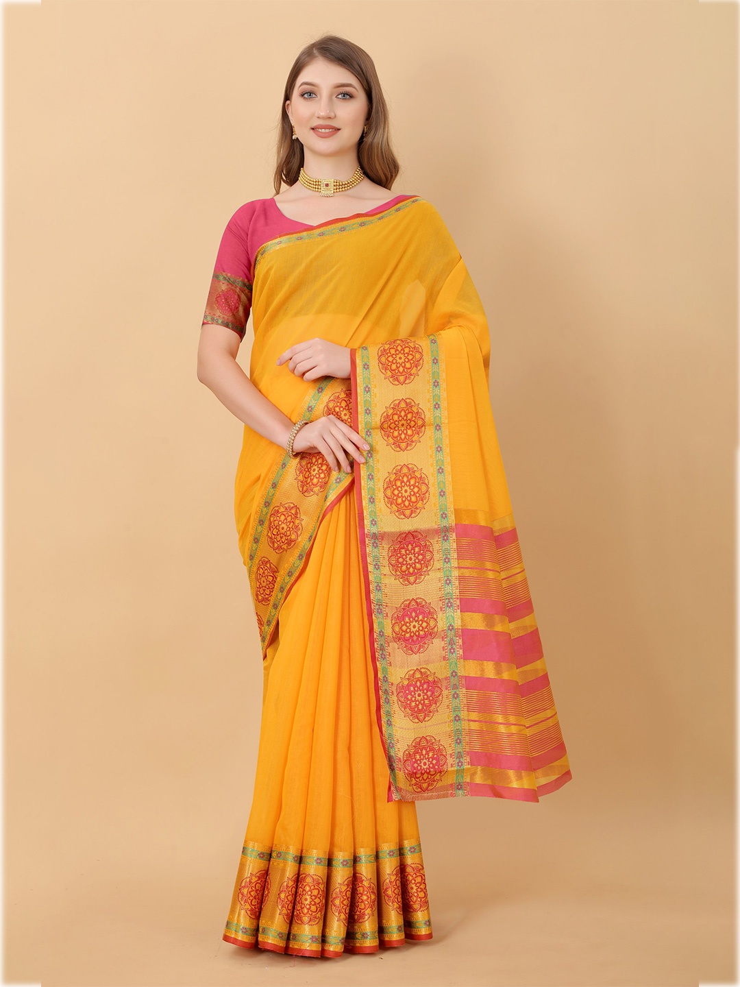 

KALINI Yellow & Pink Zari Silk Cotton Saree