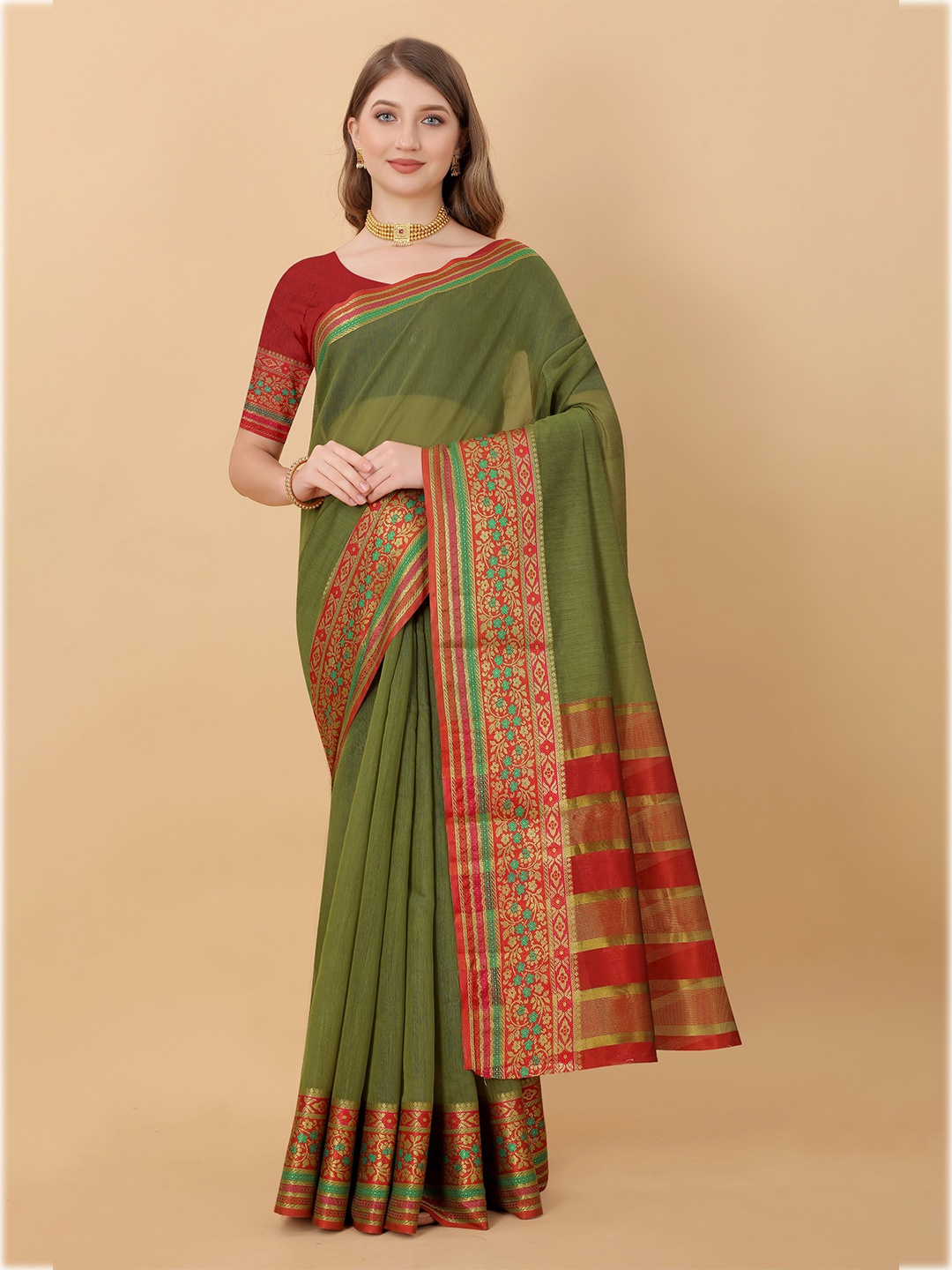 

KALINI Green & Red Zari Silk Cotton Saree