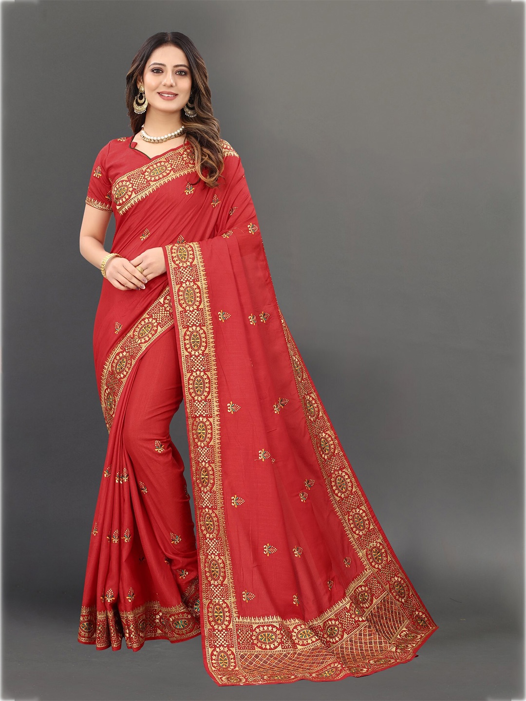 

KALINI Red & Gold-Toned Floral Embroidered Silk Blend Saree