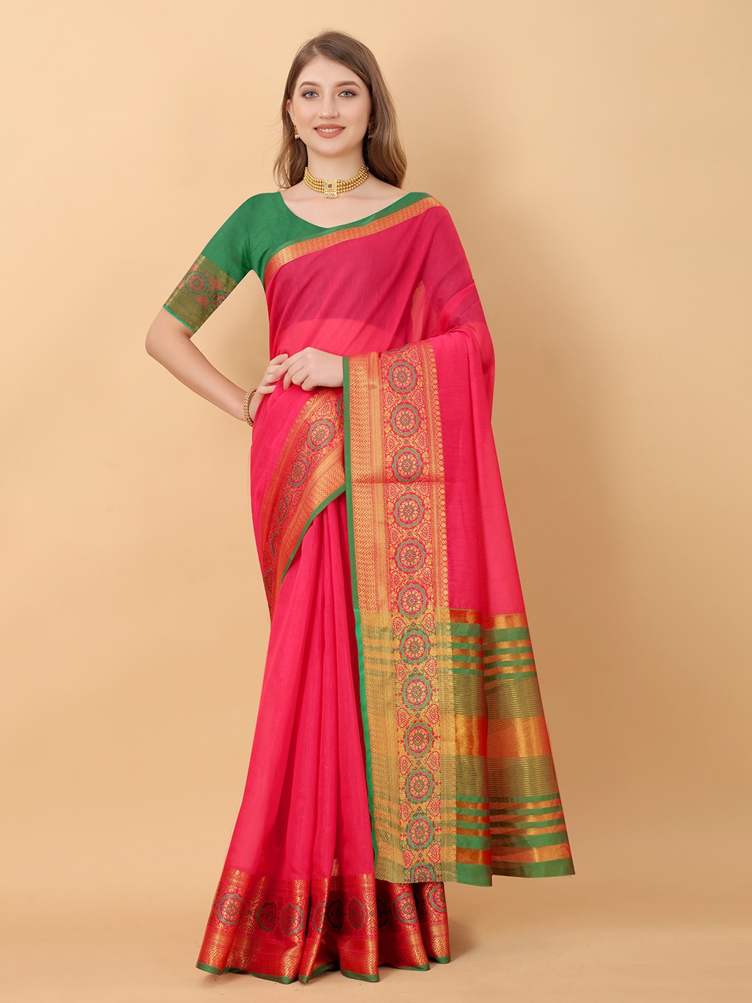 

KALINI Pink & Green Woven Design Zari Silk Cotton Saree