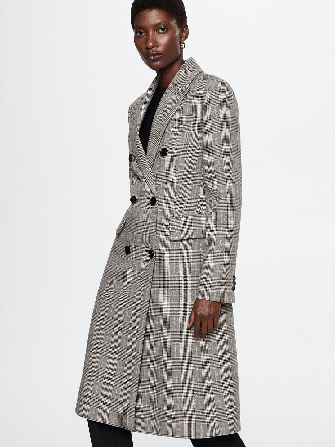 

MANGO Women Black & White Checked Longline Double Breasted Overcoat