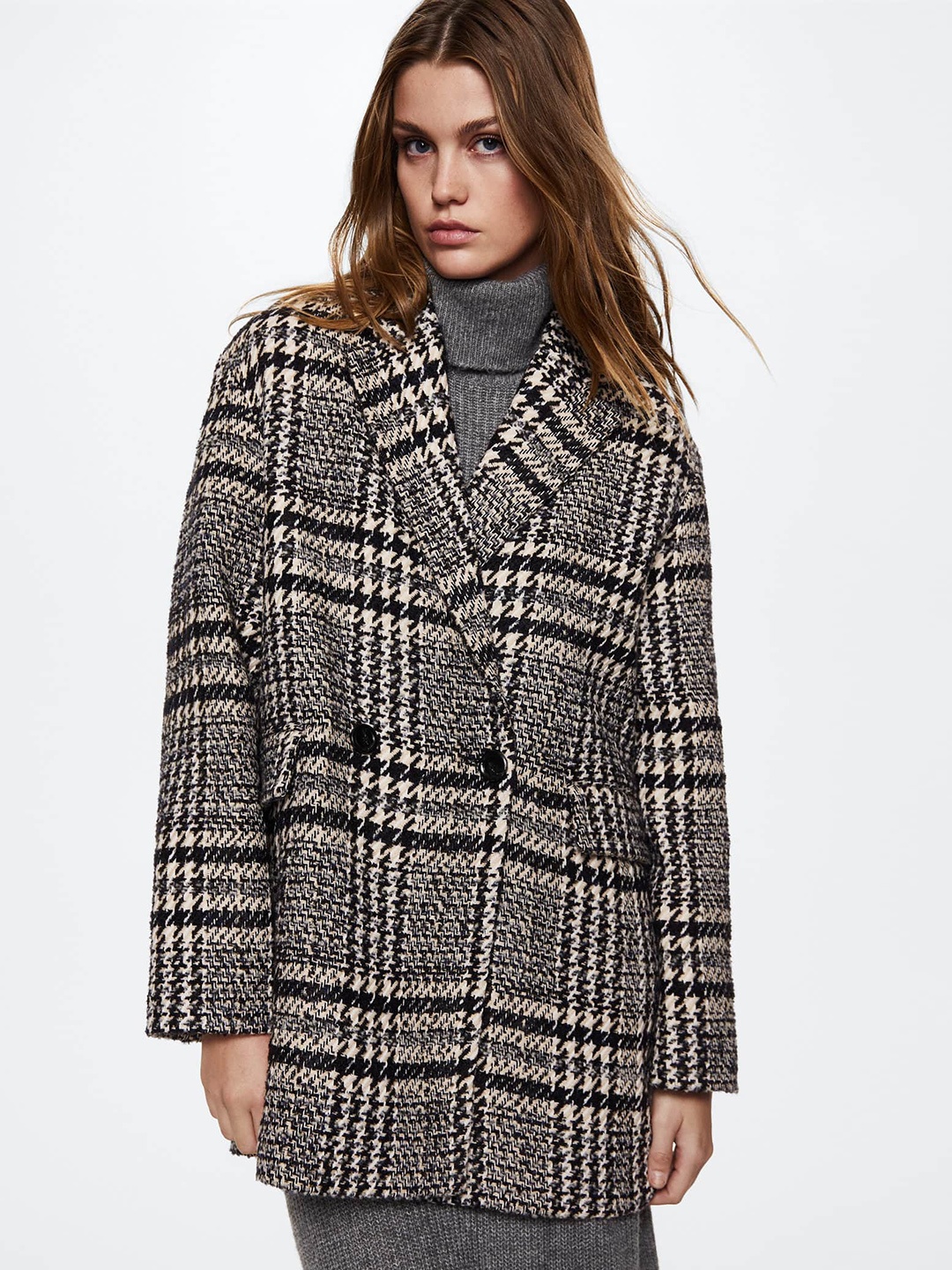 

MANGO Black & Off-White Checked Tweed Coat