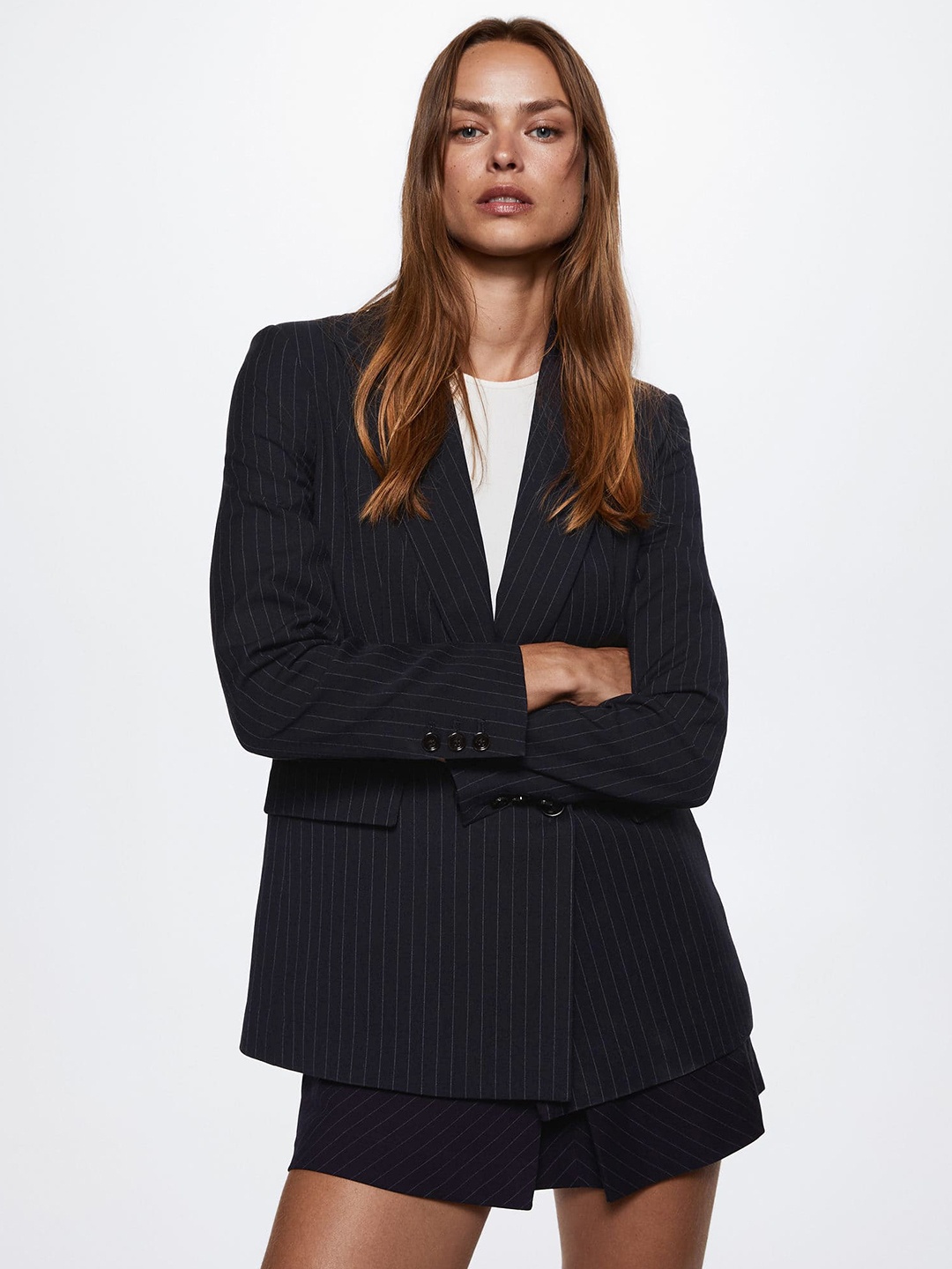 

MANGO Women Navy Blue Striped Double-Breasted Sustainable Blazer