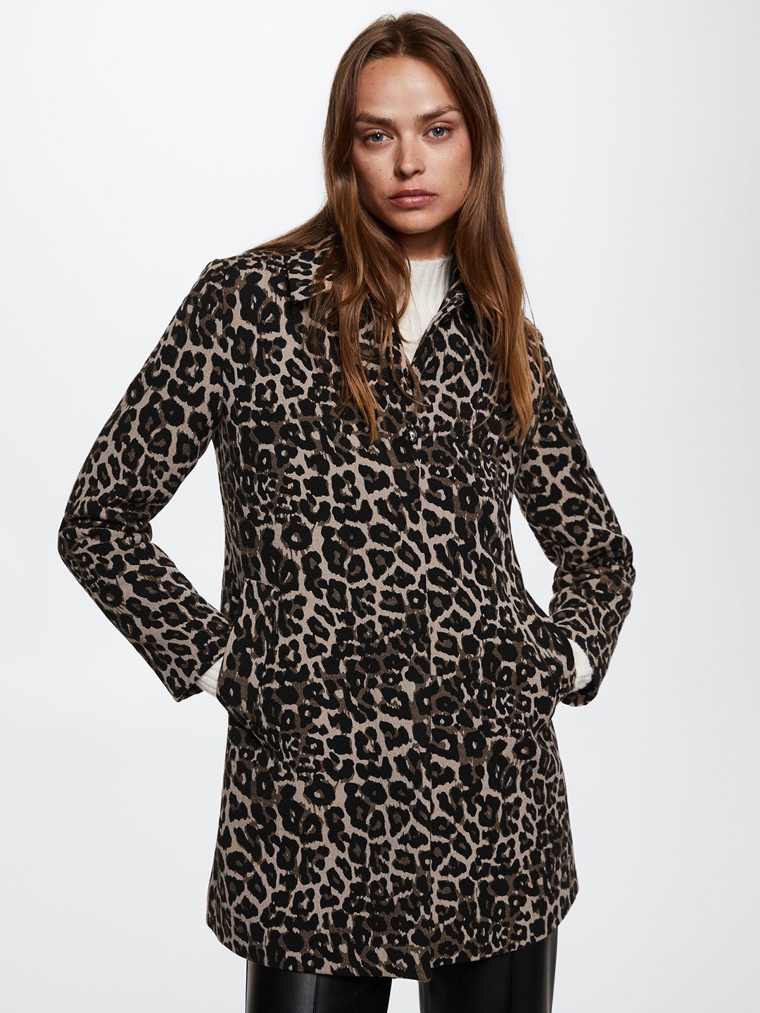 

MANGO Women Beige & Black Animal Print Sustainable Coat