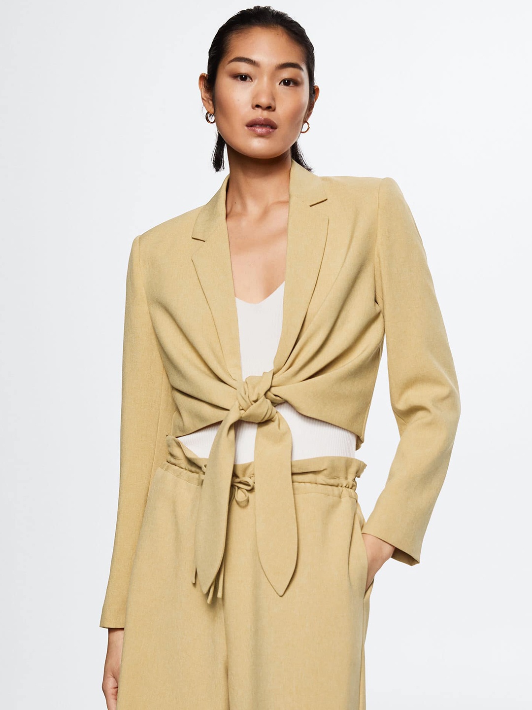 

MANGO Women Khaki Solid Knot Detail Crop Blazer