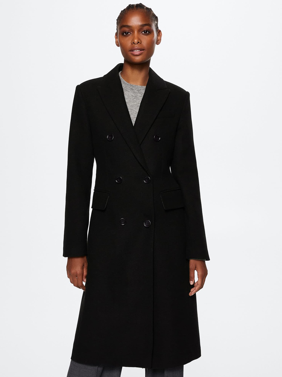 

MANGO Women Black Solid Sustainable Double Breasted Longline Overcoat