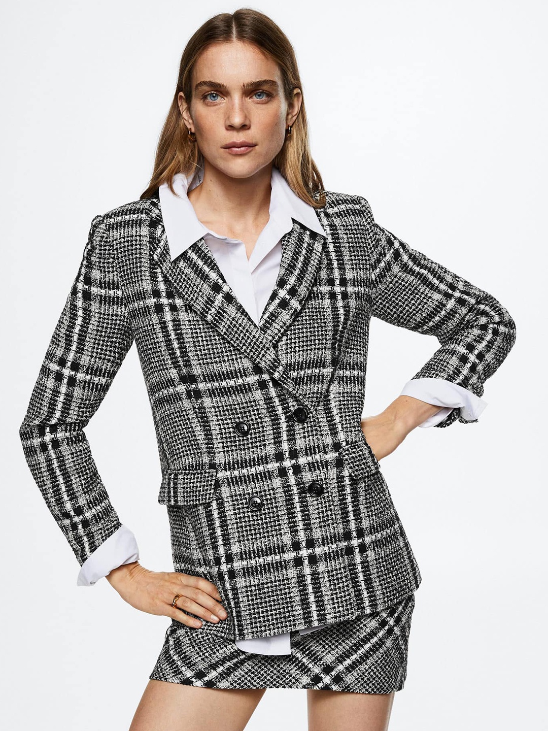 

MANGO Women Black & White Tweed Checked Sustainable Double Breasted Blazer
