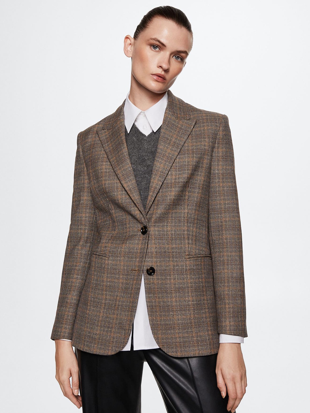 

MANGO Women Brown Checked Sustainable Blazer with Shoulder Pads