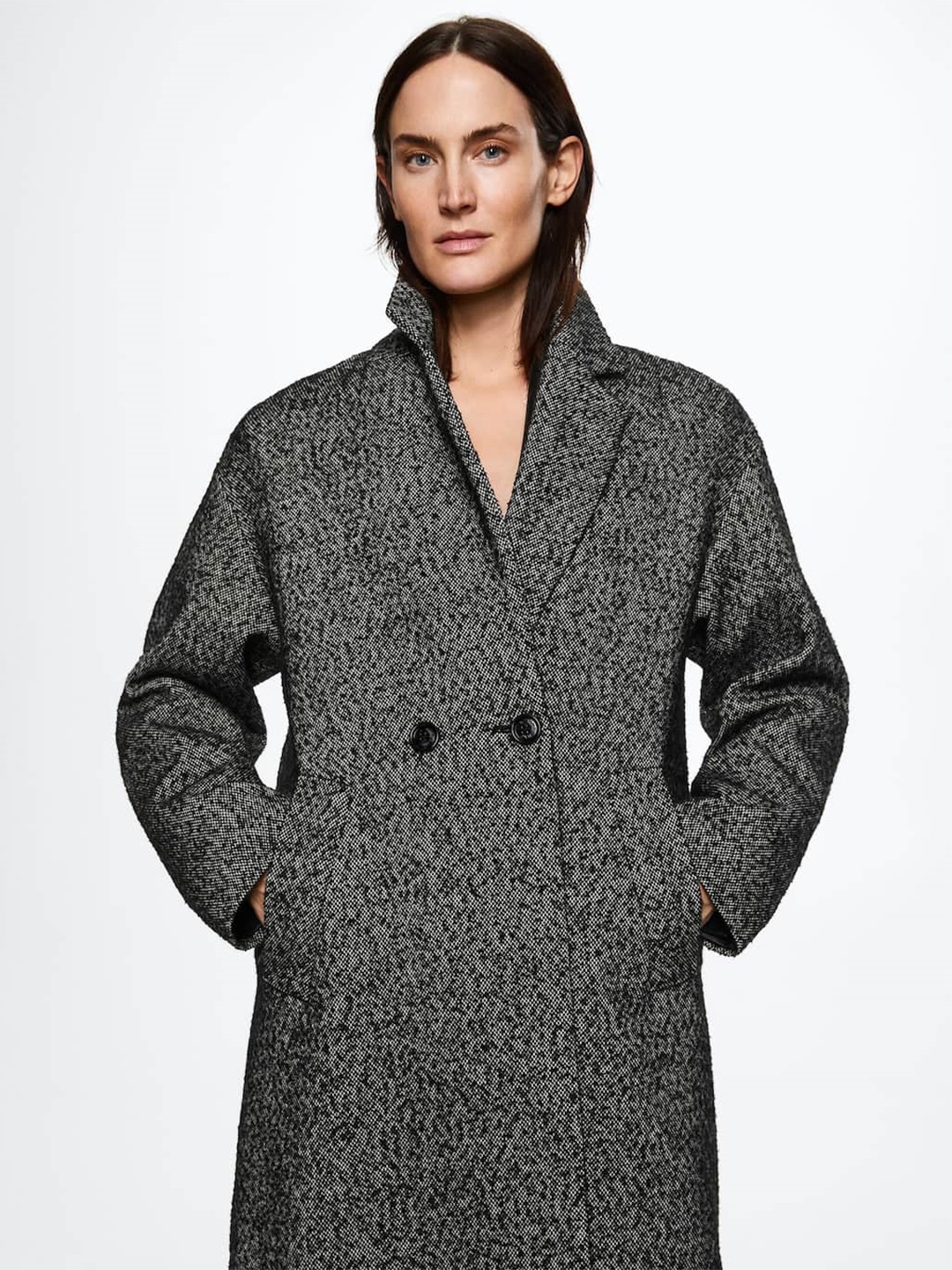 

MANGO Women Black & White Sustainable Self-Design Oversized Longline Overcoat