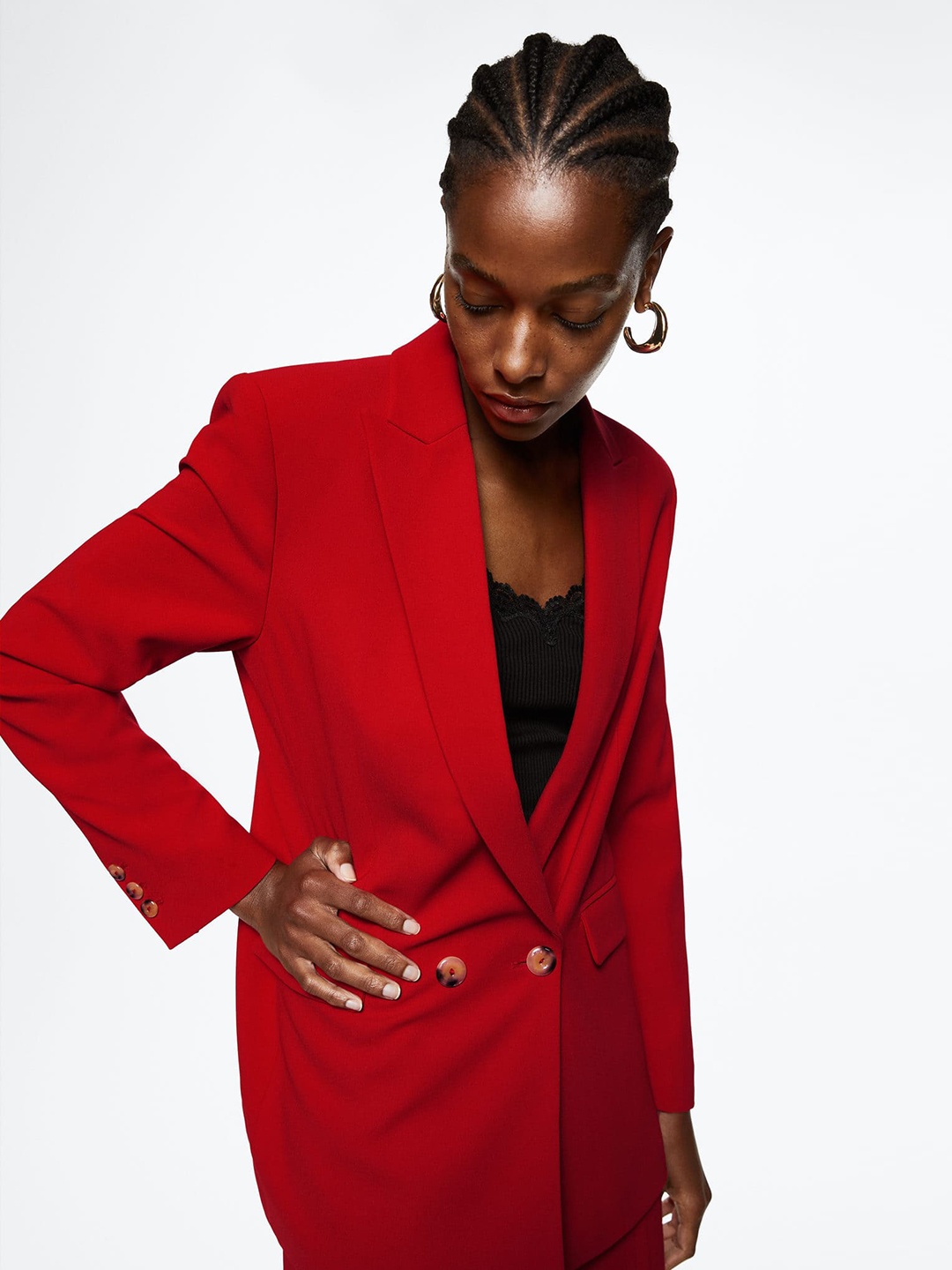 

MANGO Women Red Sustainable Solid Double-Breasted Cheery Red Blazer