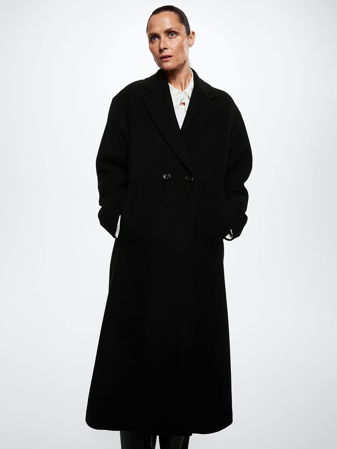 

MANGO Women Black Solid Oversized Double Breasted Overcoat