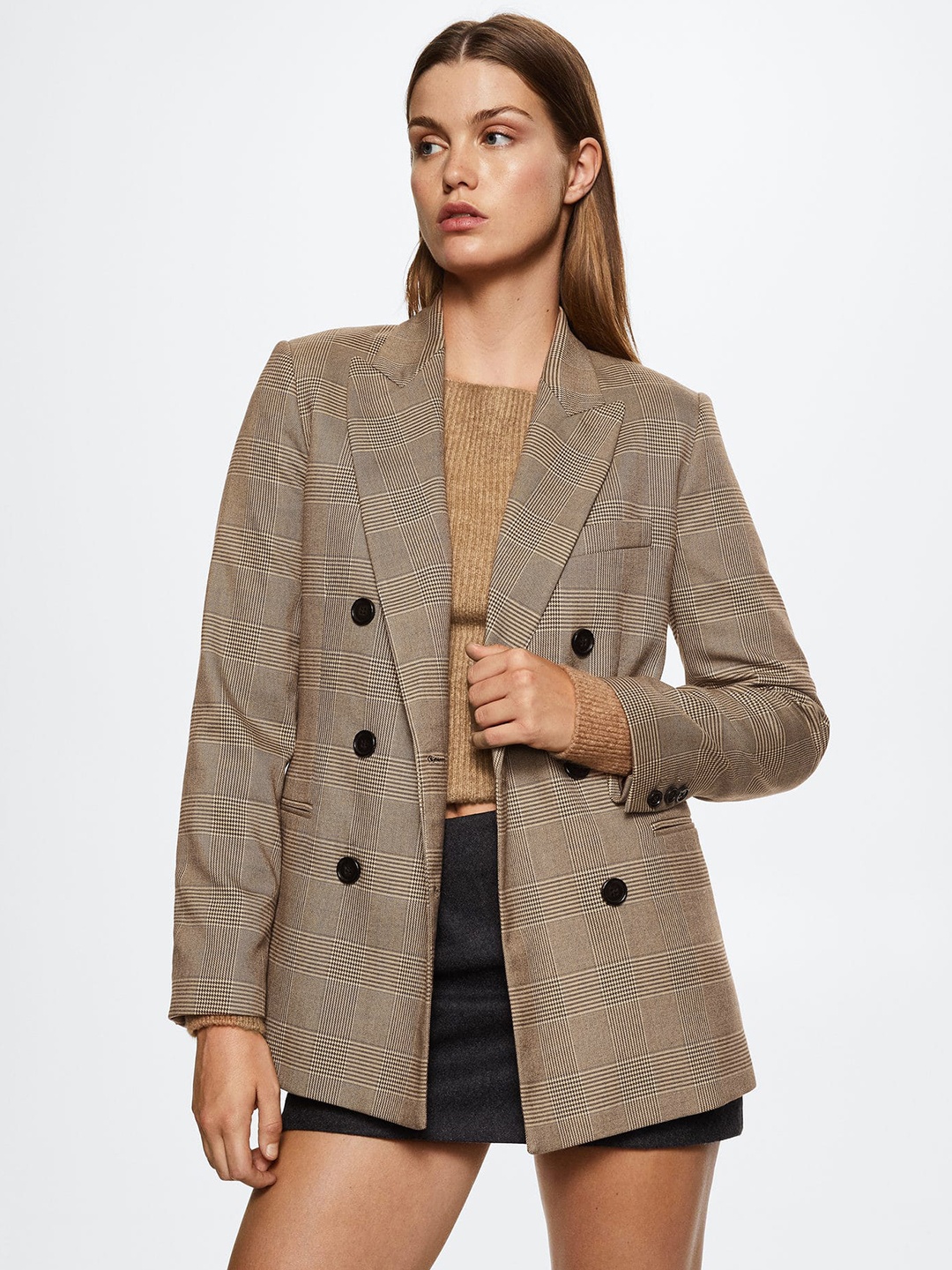 

MANGO Women Beige Checked Double-Breasted Sustainable Blazer
