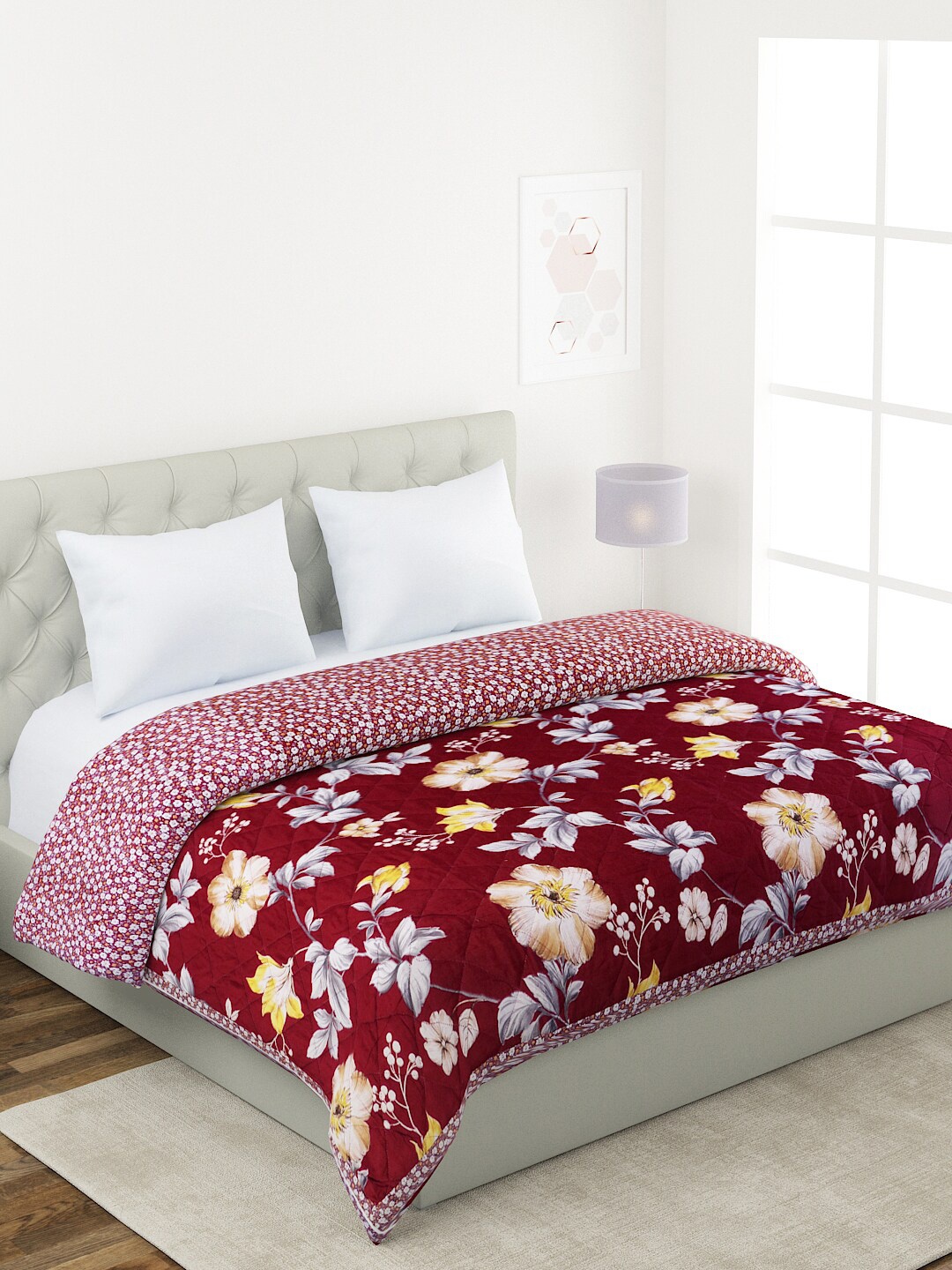 

A Homes Grace Maroon & White Floral Reversible AC Room 120 GSM Double Bed Comforter
