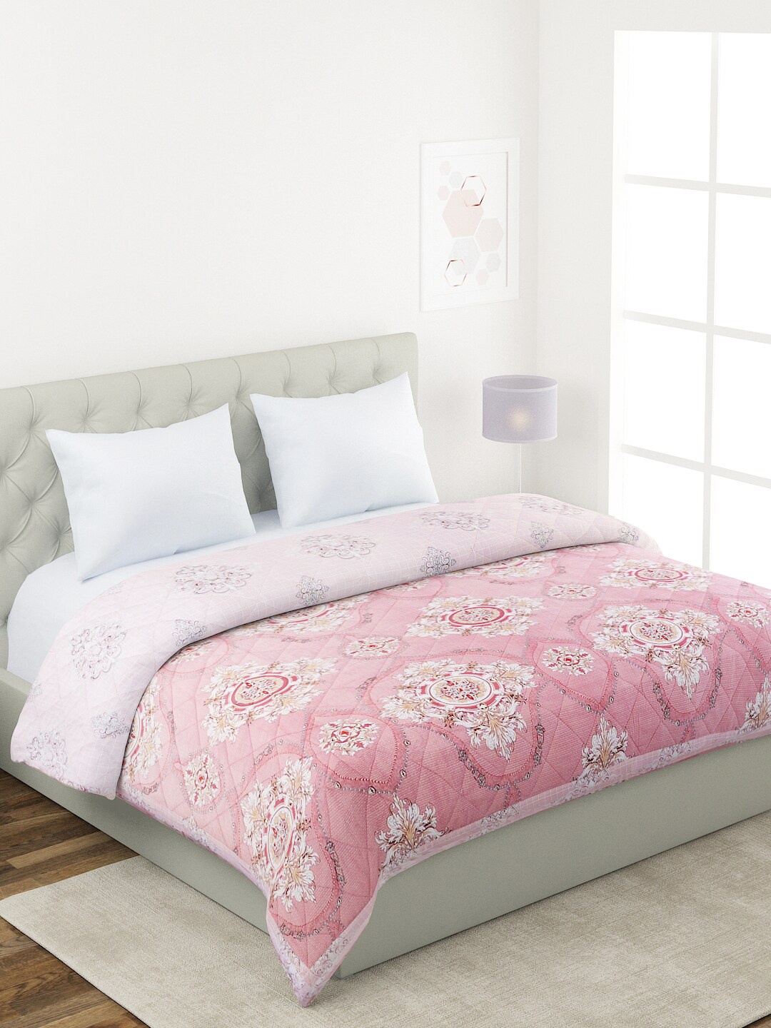 

A Homes Grace Pink & White Floral Reversible AC Room 120 GSM Double Bed Comforter