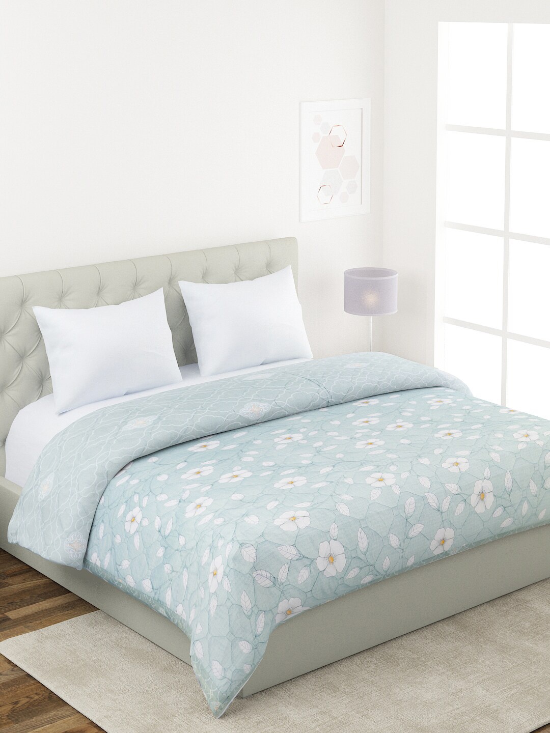 

A Homes Grace Sea Green & White Floral Reversible AC Room 120 GSM Double Bed Comforter