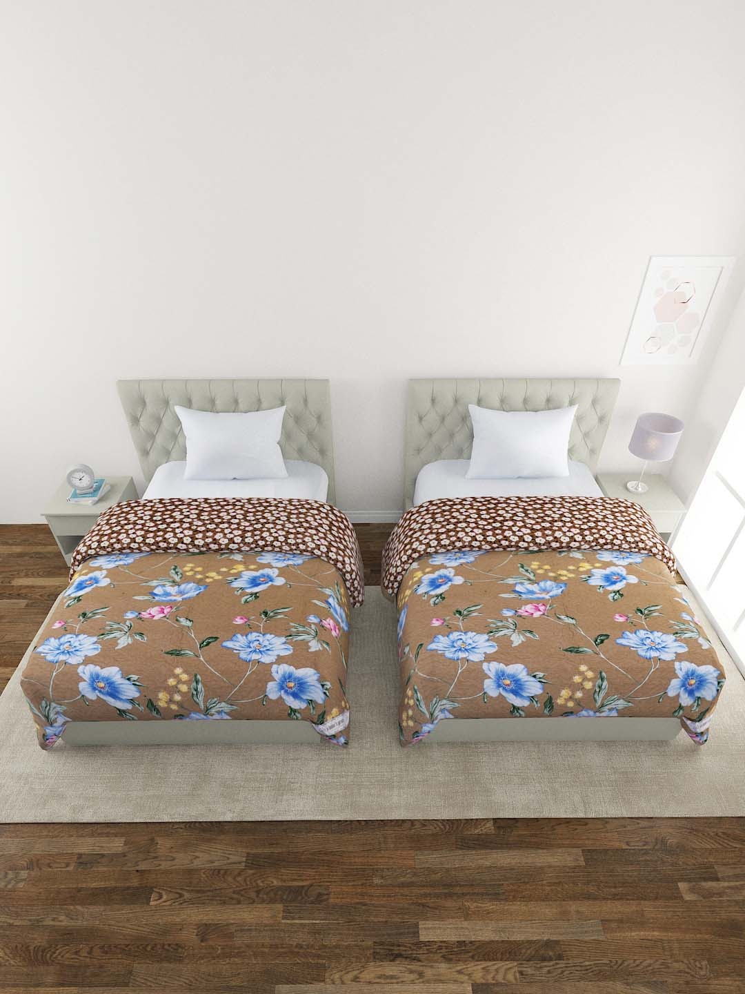 

A Homes Grace Brown & Blue Set of 2 Floral Reversible 120 GSM Single Bed Comforter