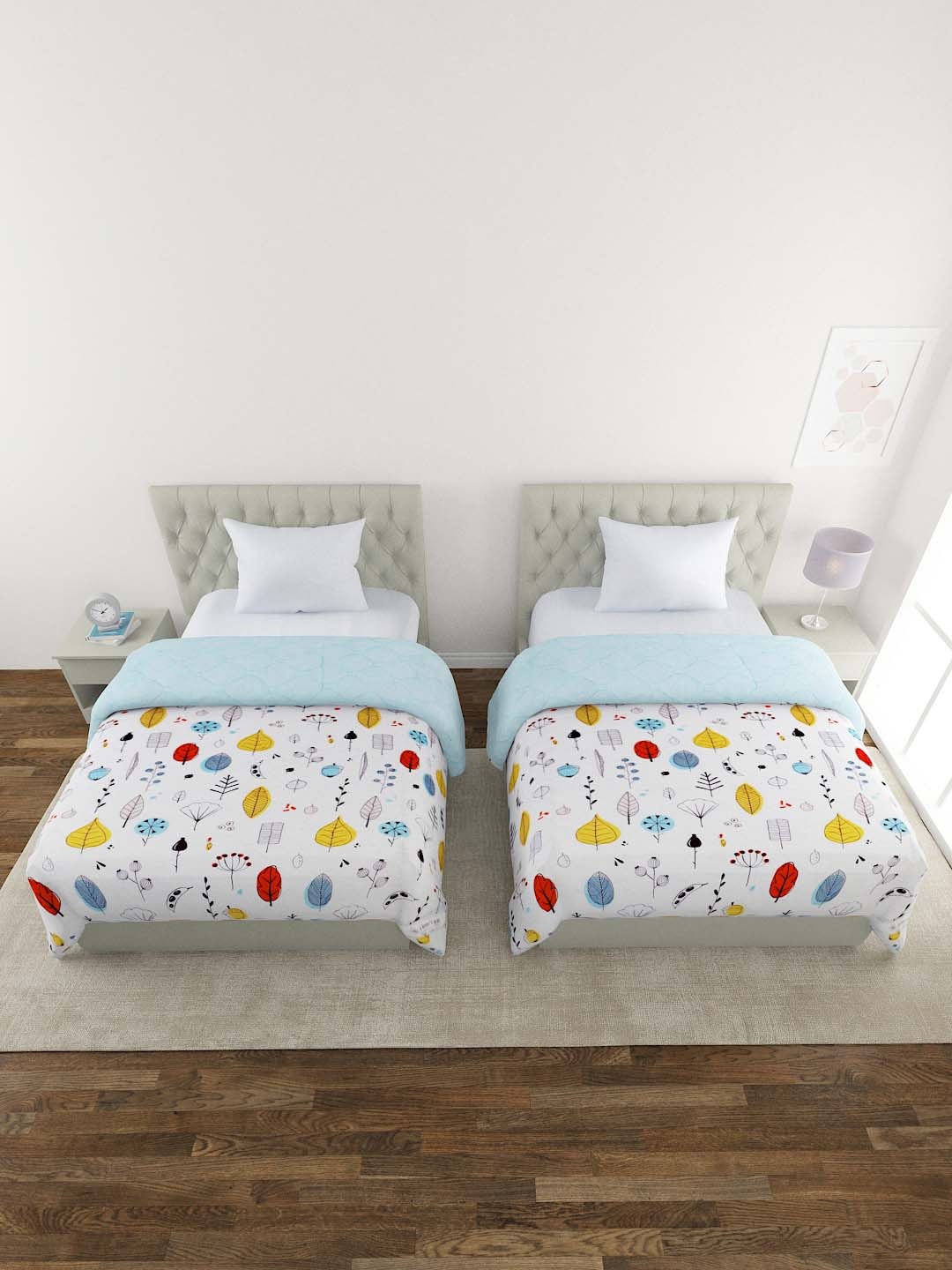 

A Homes Grace White & Blue Set of 2 Floral Reversible AC Room 120 GSM Single Bed Comforter