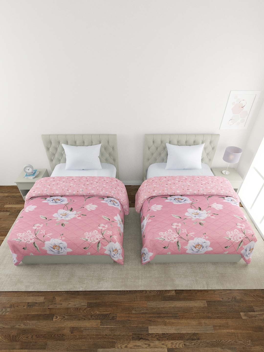 

A Homes Grace Pink & Green Set of 2 Floral Reversible AC Room 120 GSM Single Bed Comforter