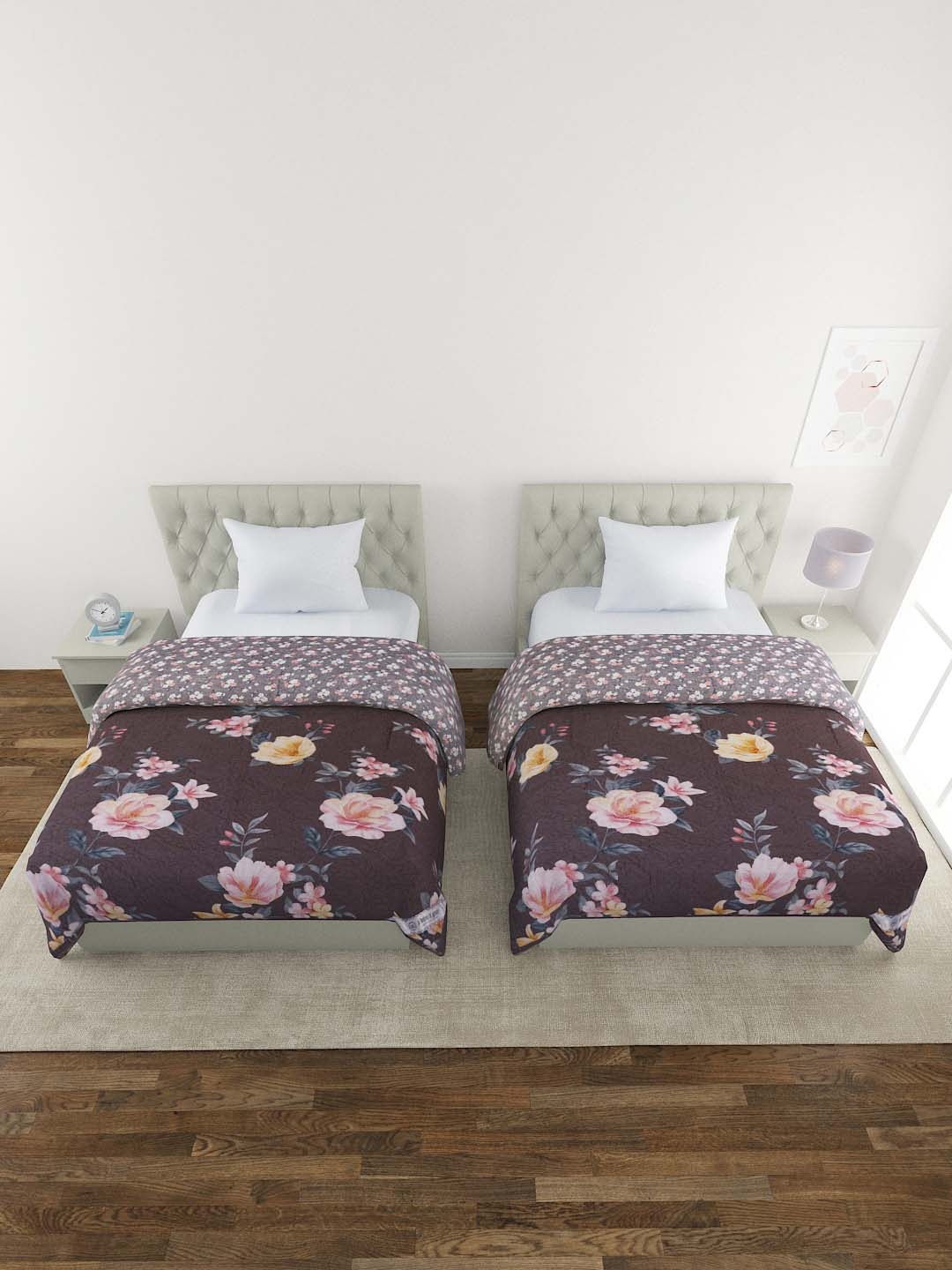 

A Homes Grace Brown & Pink Set of 2 Floral Reversible AC Room 120 GSM Single Bed Comforter