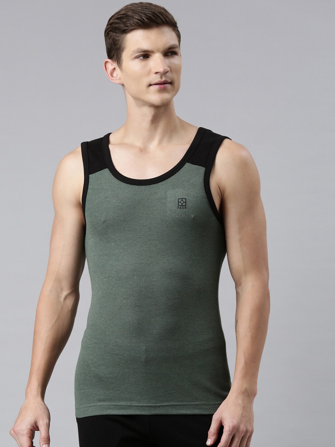 

FASO Men Olive Green & Black Solid Organic Cotton Innerwear Vests