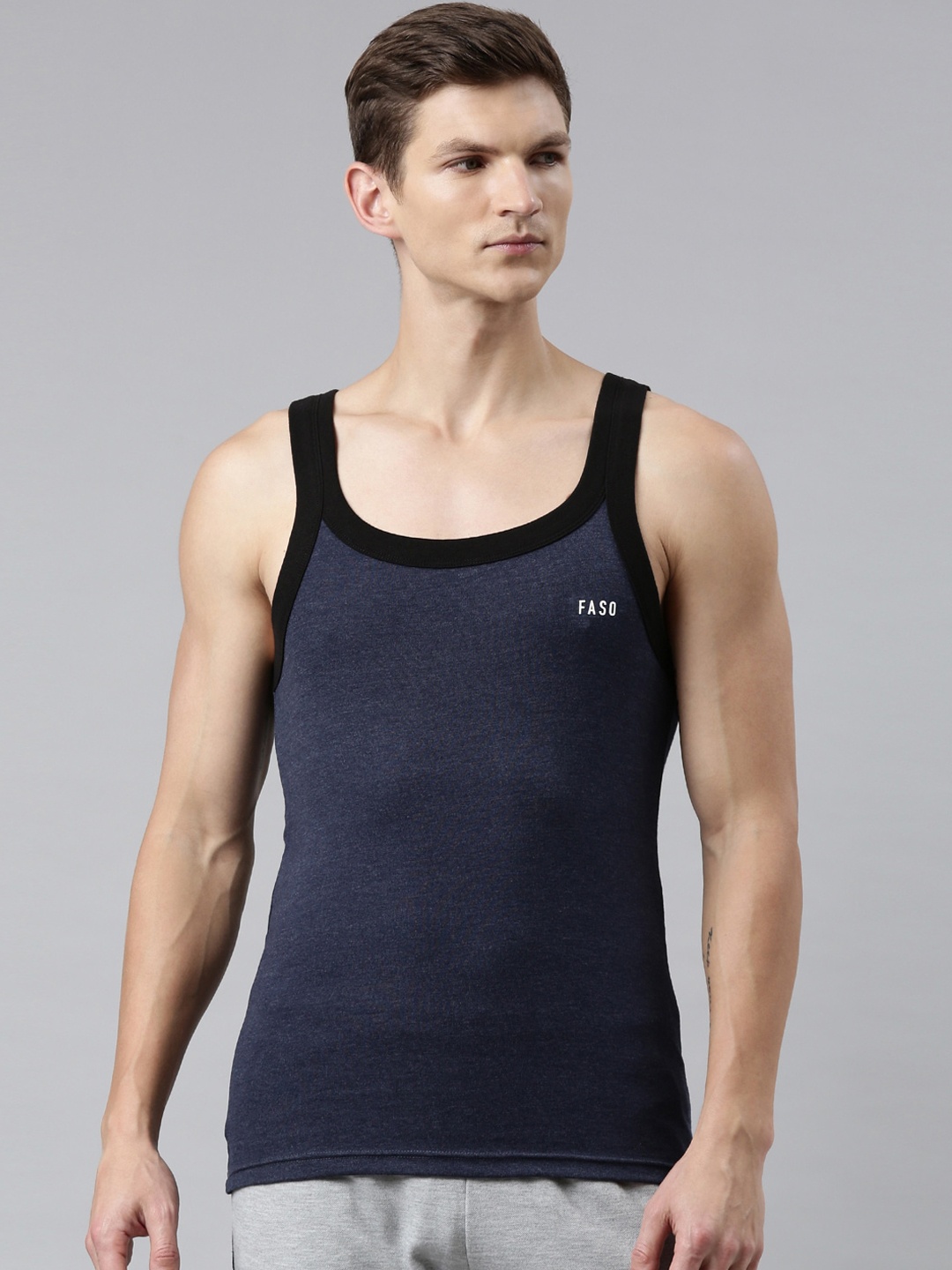 

FASO Men Navy Blue & Black Solid Organic Cotton Innerwear Vests