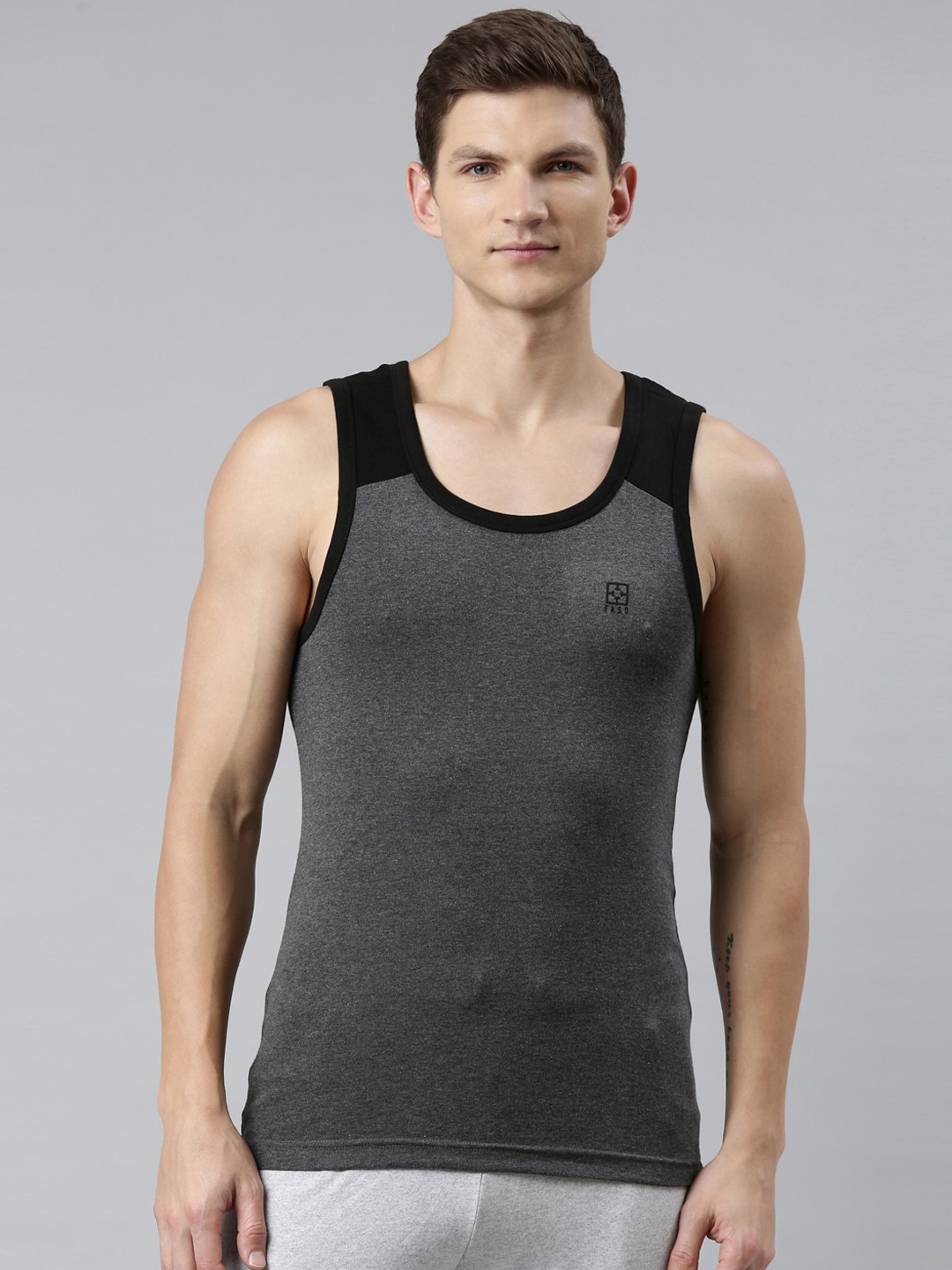 

FASO Men Charcoal & Black Solid Organic Cotton Innerwear Vests