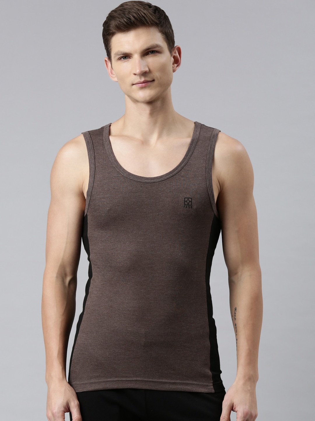 

FASO Men Brown & Black Solid Organic Cotton Innerwear Vests