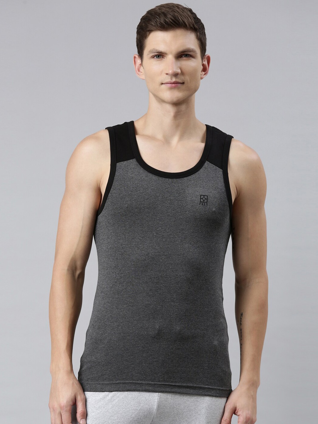 

FASO Men Charcoal & Black Solid Organic Cotton Innerwear Vests