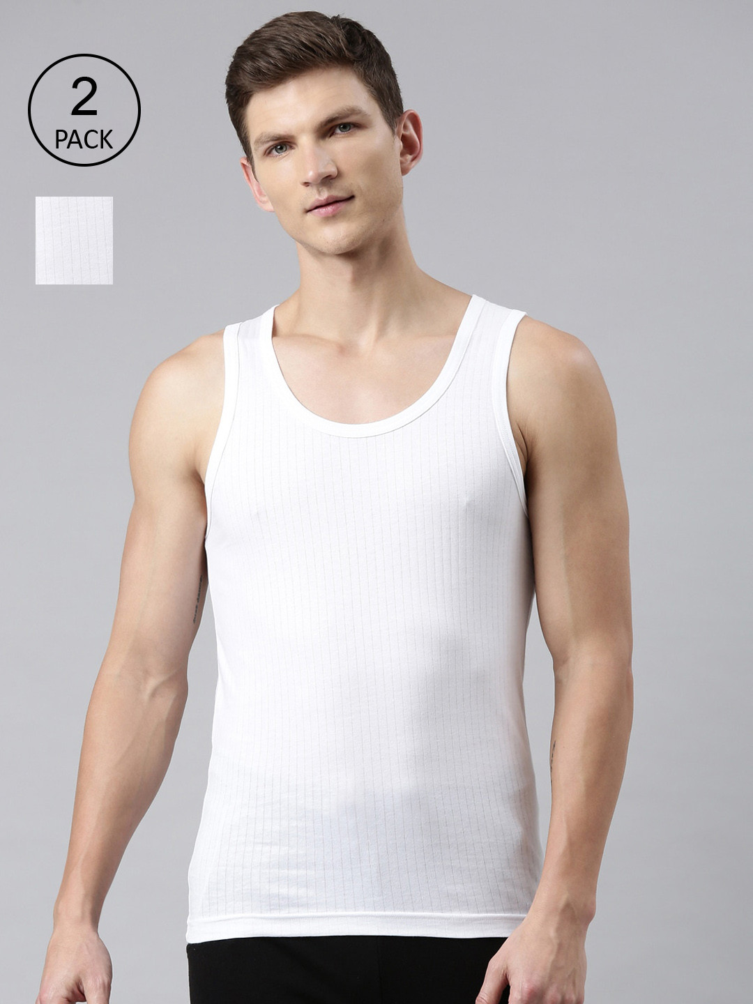 

FASO Men Pack Of 2 White Solid Pure Cotton Innerwear Vests