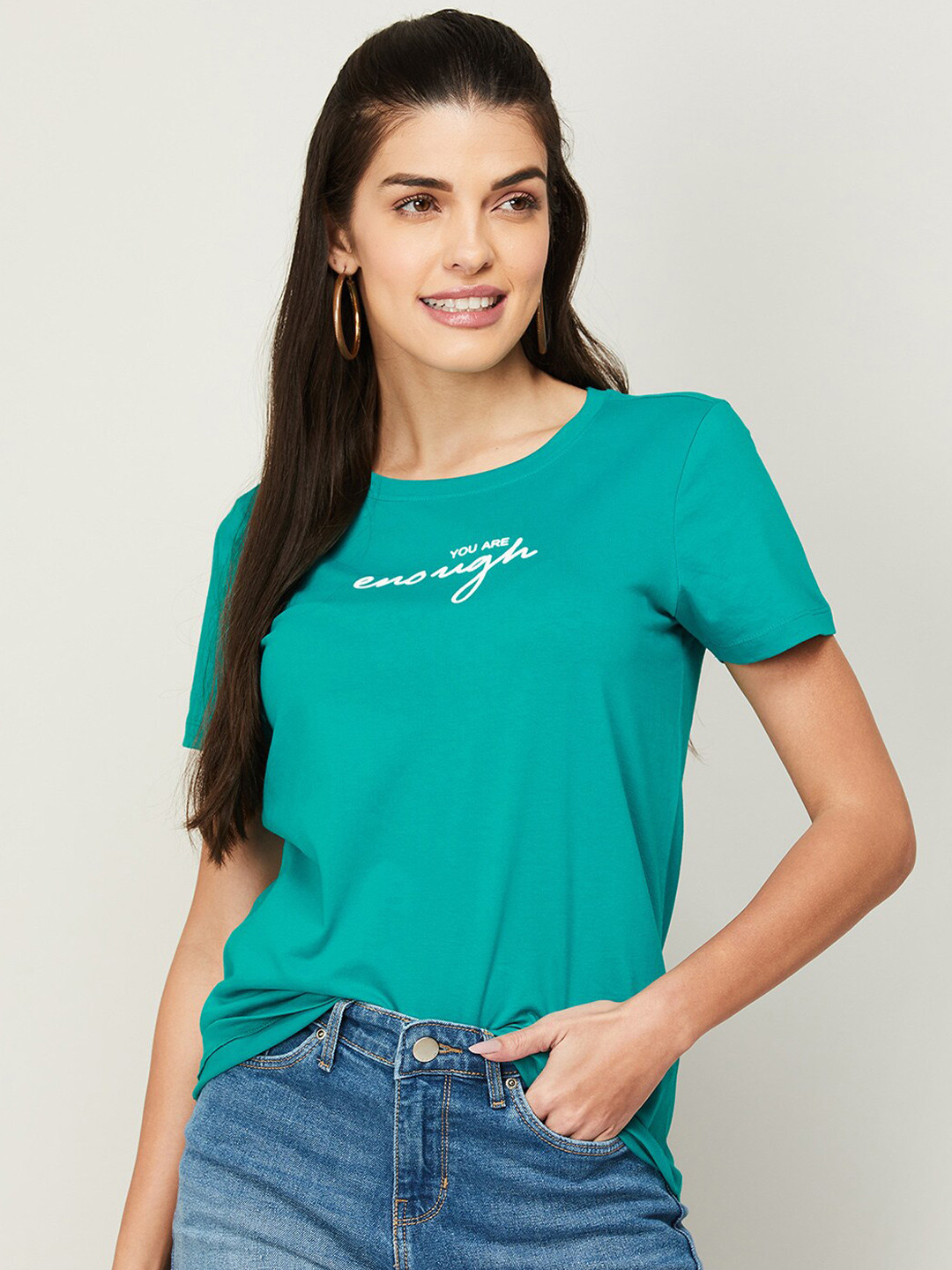 

Fame Forever by Lifestyle Women Green Typography Printed Cotton T-shirt