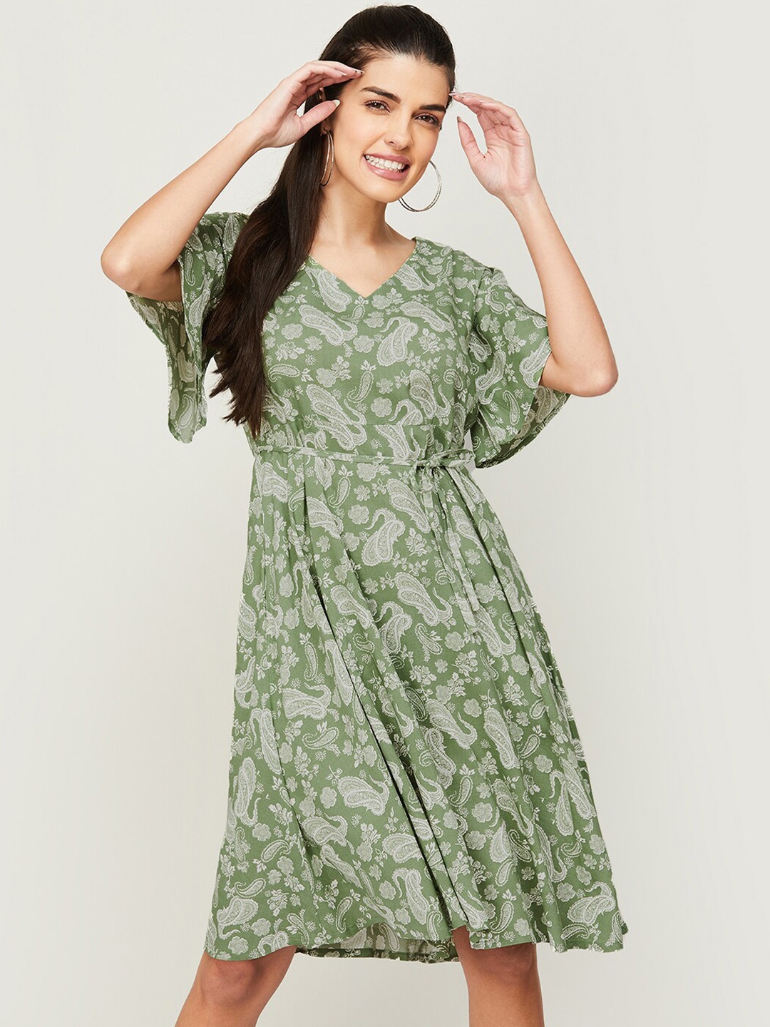 Fame Forever by Lifestyle Women Green Ethnic Motifs Print V-Neck Dress
