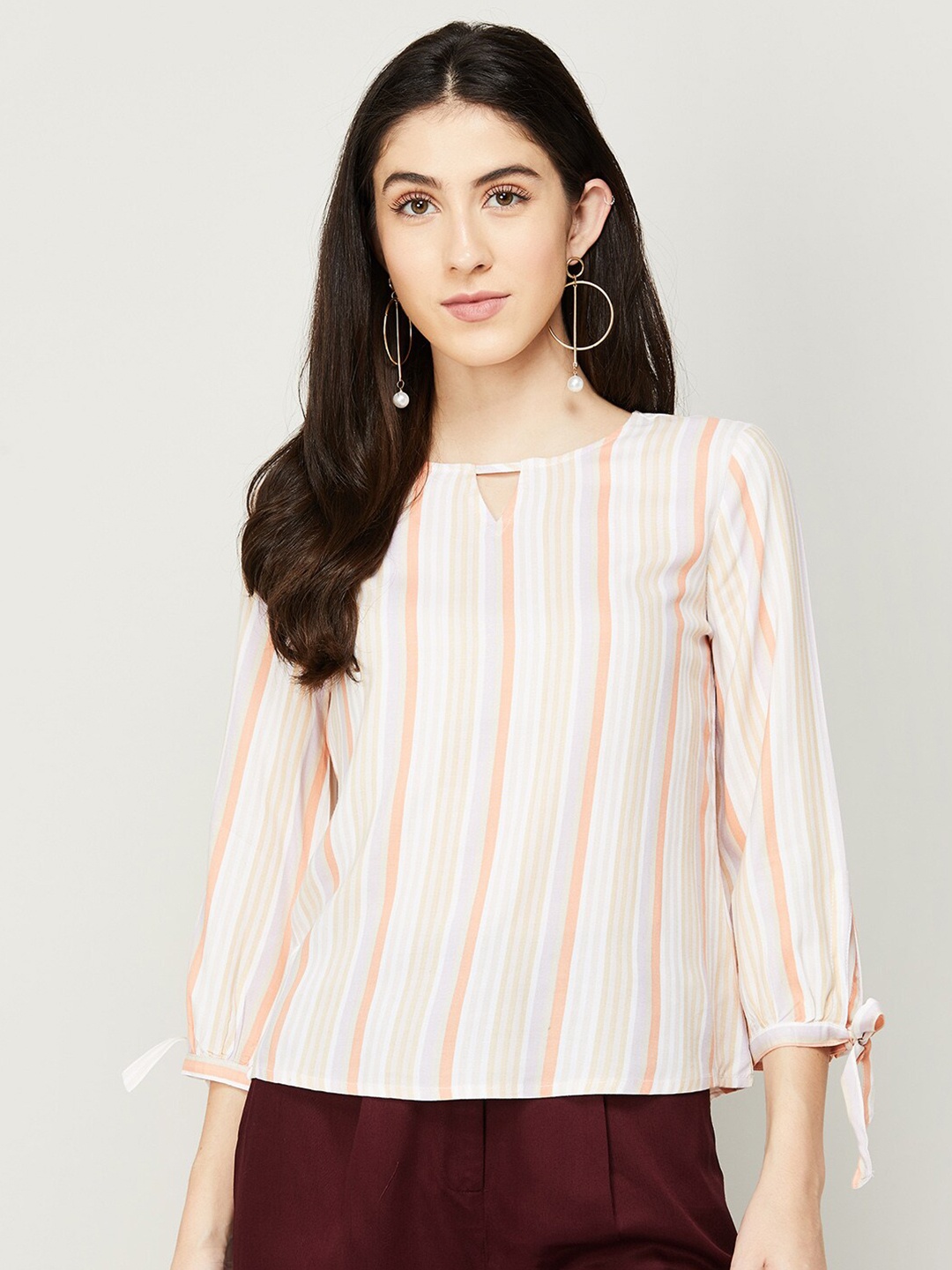 

Fame Forever by Lifestyle Women White & Peach Striped Keyhole Neck Top