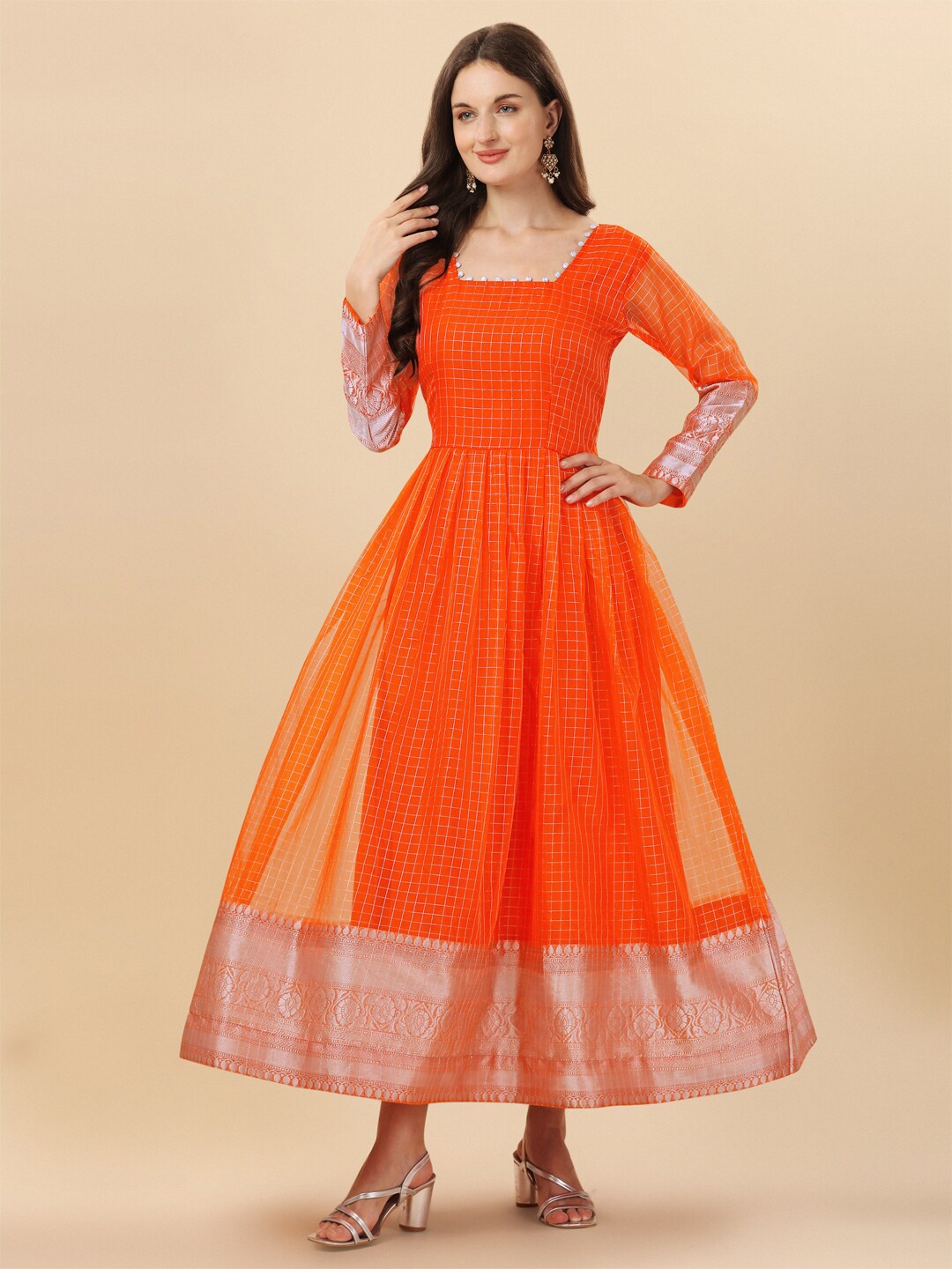 

Vidraa Western Store Orange Ethnic Motifs Checked Jacquard Ethnic Maxi Dress