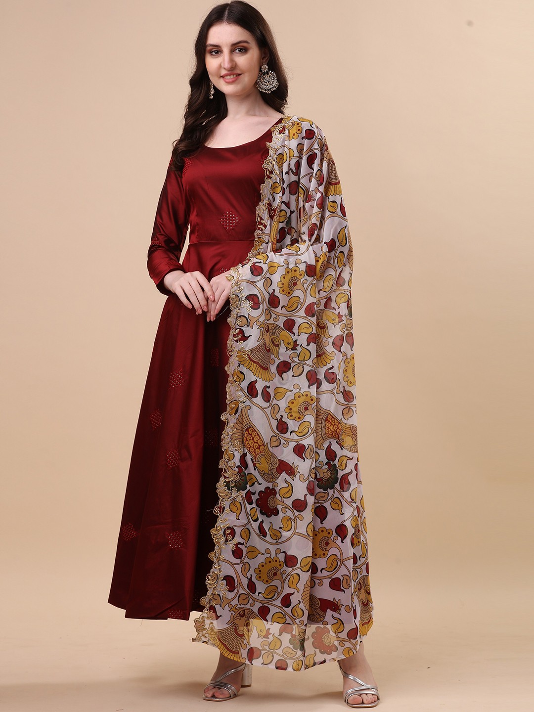 

Vidraa Western Store Coffee Brown Ethnic Motifs Satin Maxi Dress