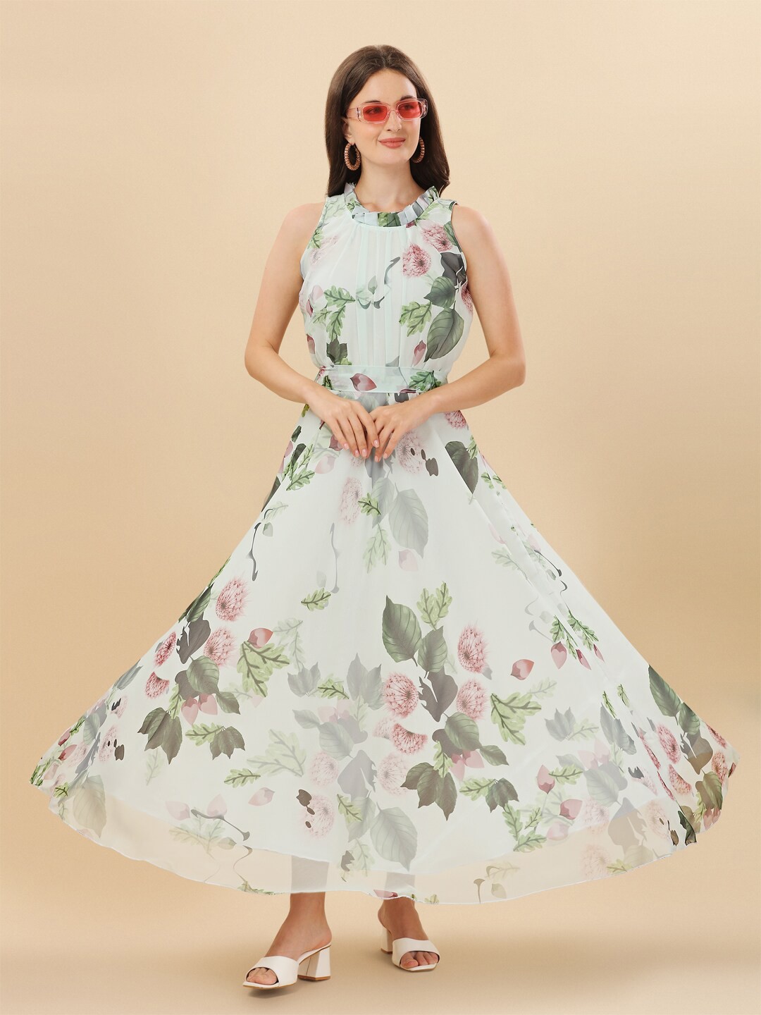 

Vidraa Western Store White & Green Floral Georgette A-Line Maxi Dress