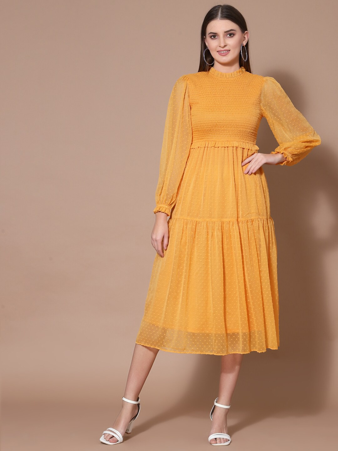 

Strong And Brave Puff Sleeve Chiffon A-Line Midi Dress, Mustard