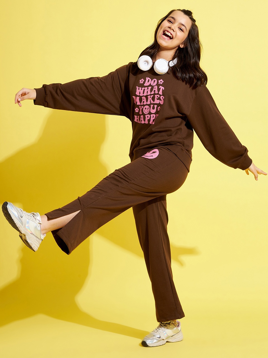 

Noh Voh - SASSAFRAS Kids Girls Brown & Pink Printed T-shirt with Trousers