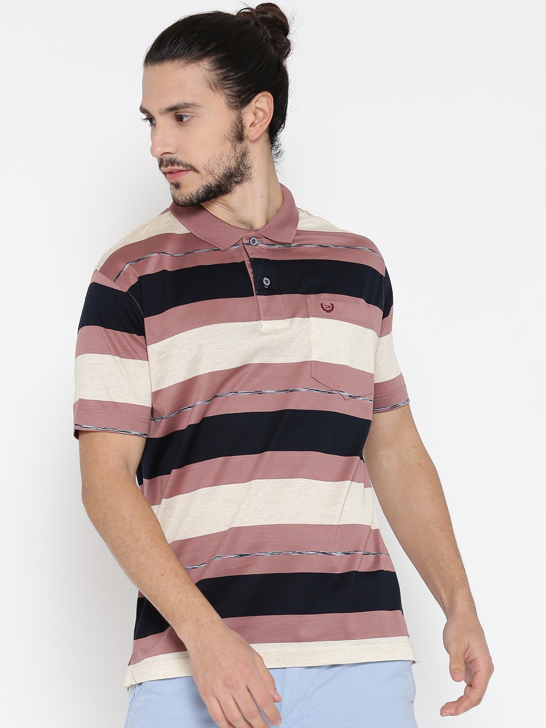 

Duke Men Dusty Pink & Navy Striped Polo Collar T-shirt