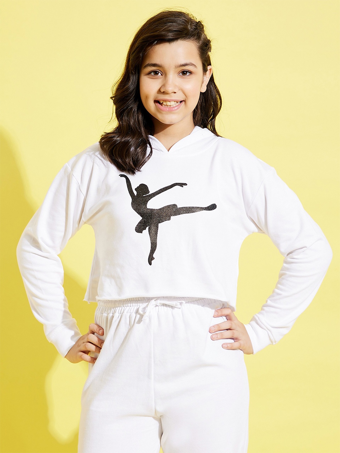 

Noh.Voh - SASSAFRAS Kids Girls White Printed Hooded Crop Sweatshirt