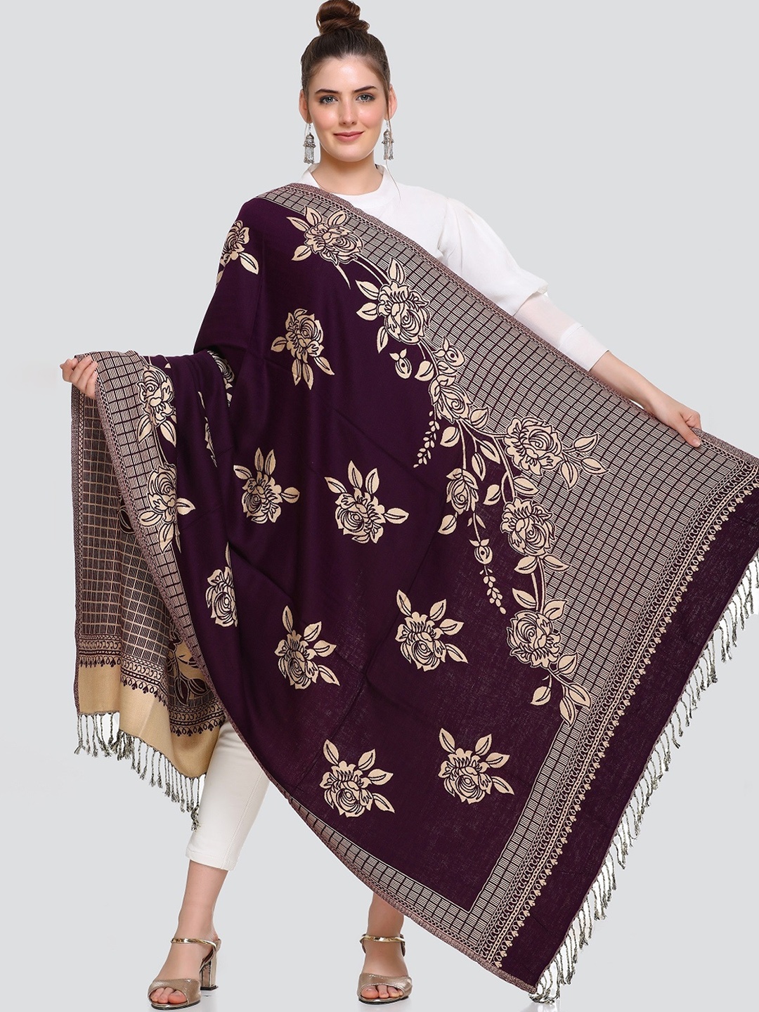 

KANIGARI Women Brown Woven Design Woolen Shawl