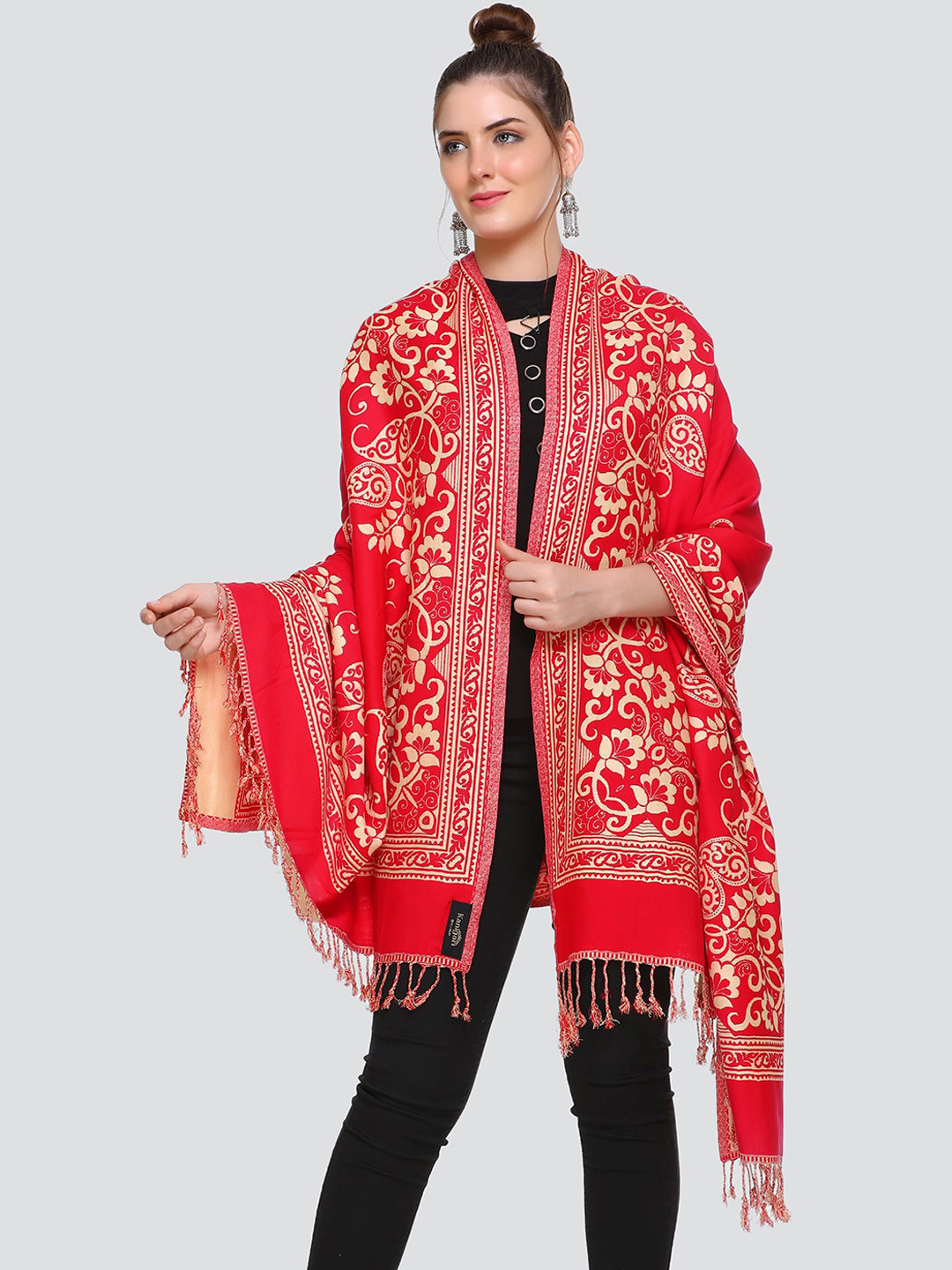 

KANIGARI Women Pink Floral Woven-Design Woolen Shawl