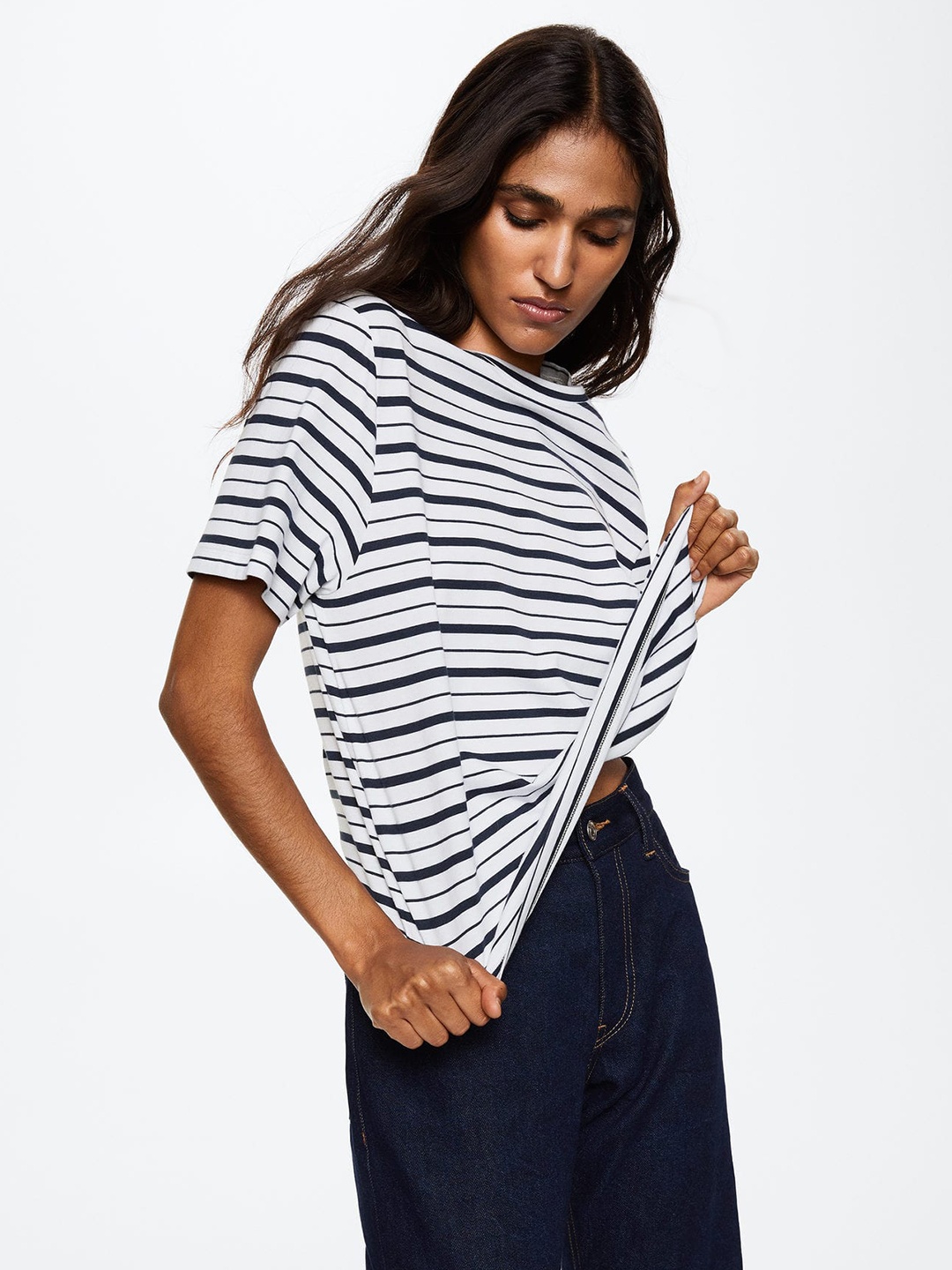 

MANGO Women White & Navy Blue Striped Pure Cotton T-shirt
