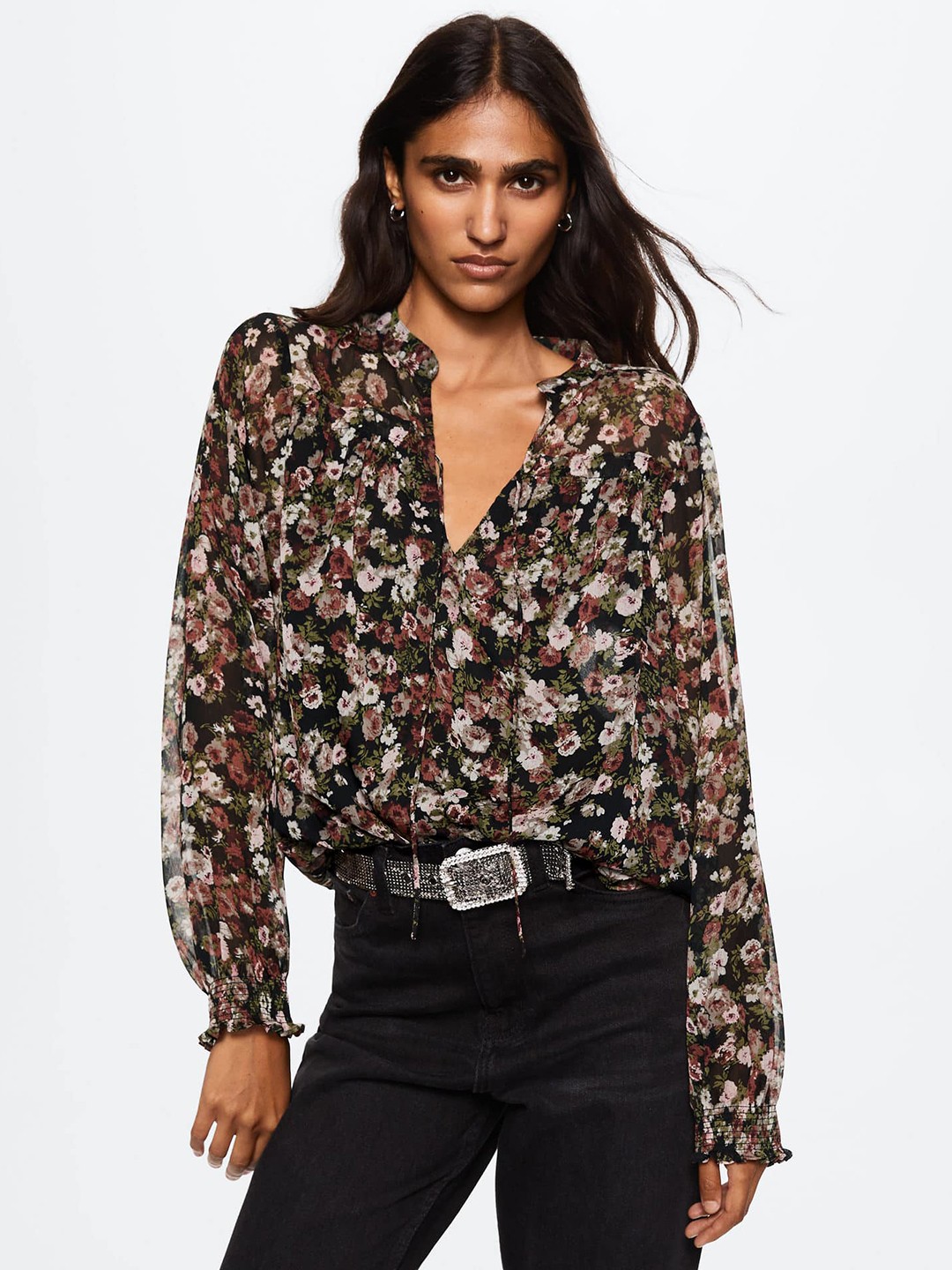 

MANGO Black & Pink Floral Print Sustainable Top